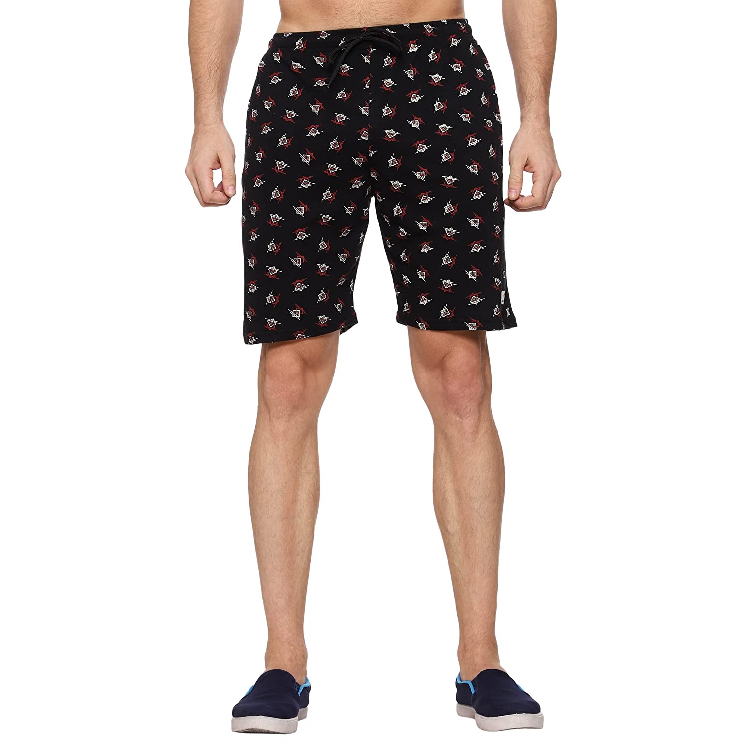 Moovfree Mens Cotton Bermuda Printed Casual Shorts Regular Fit Lounge Shorts with Zip Pockets, White Squares on Black