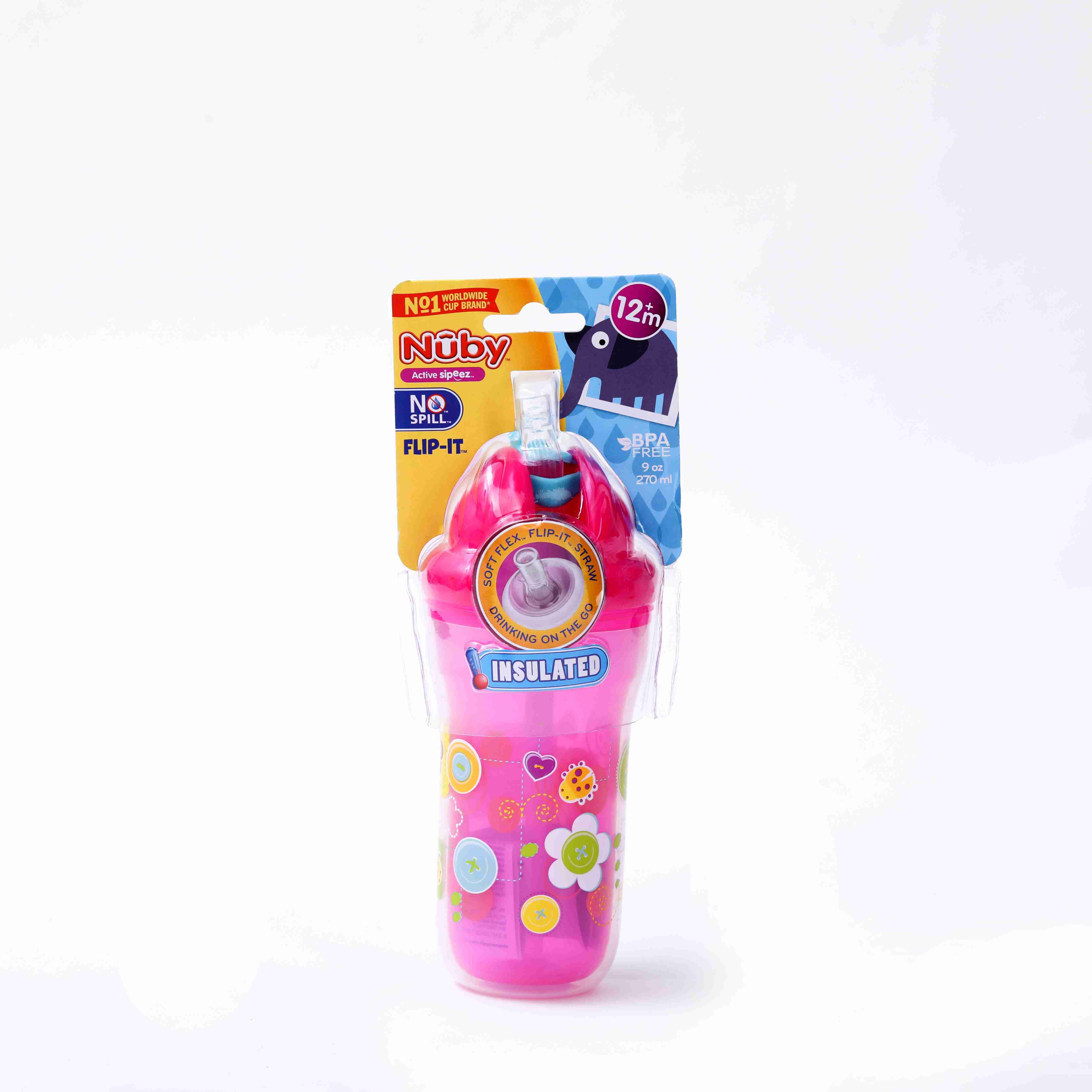 Nuby insulated Flip-It Straw Sipeez 270ml - Pink