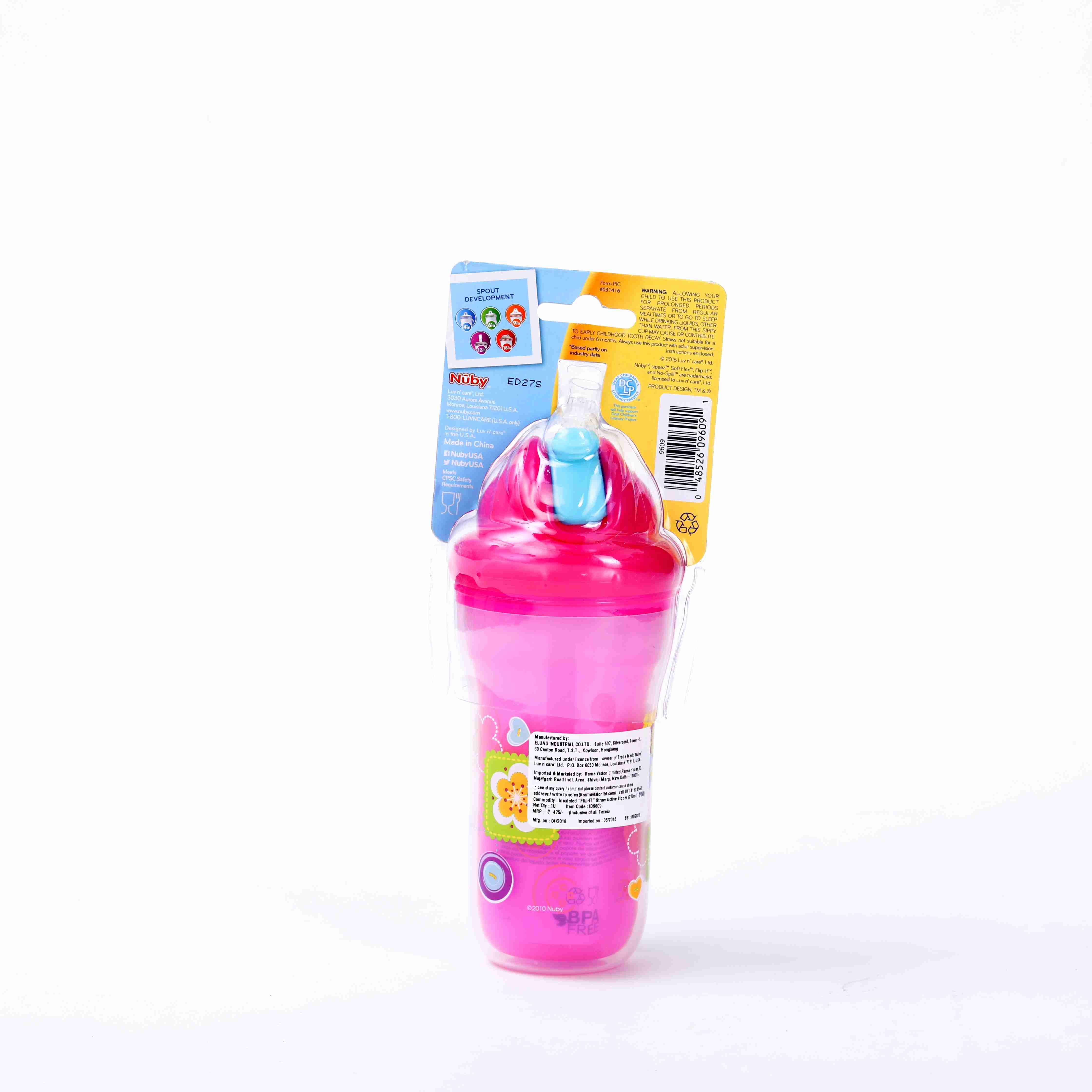 Nuby insulated Flip-It Straw Sipeez 270ml - Pink