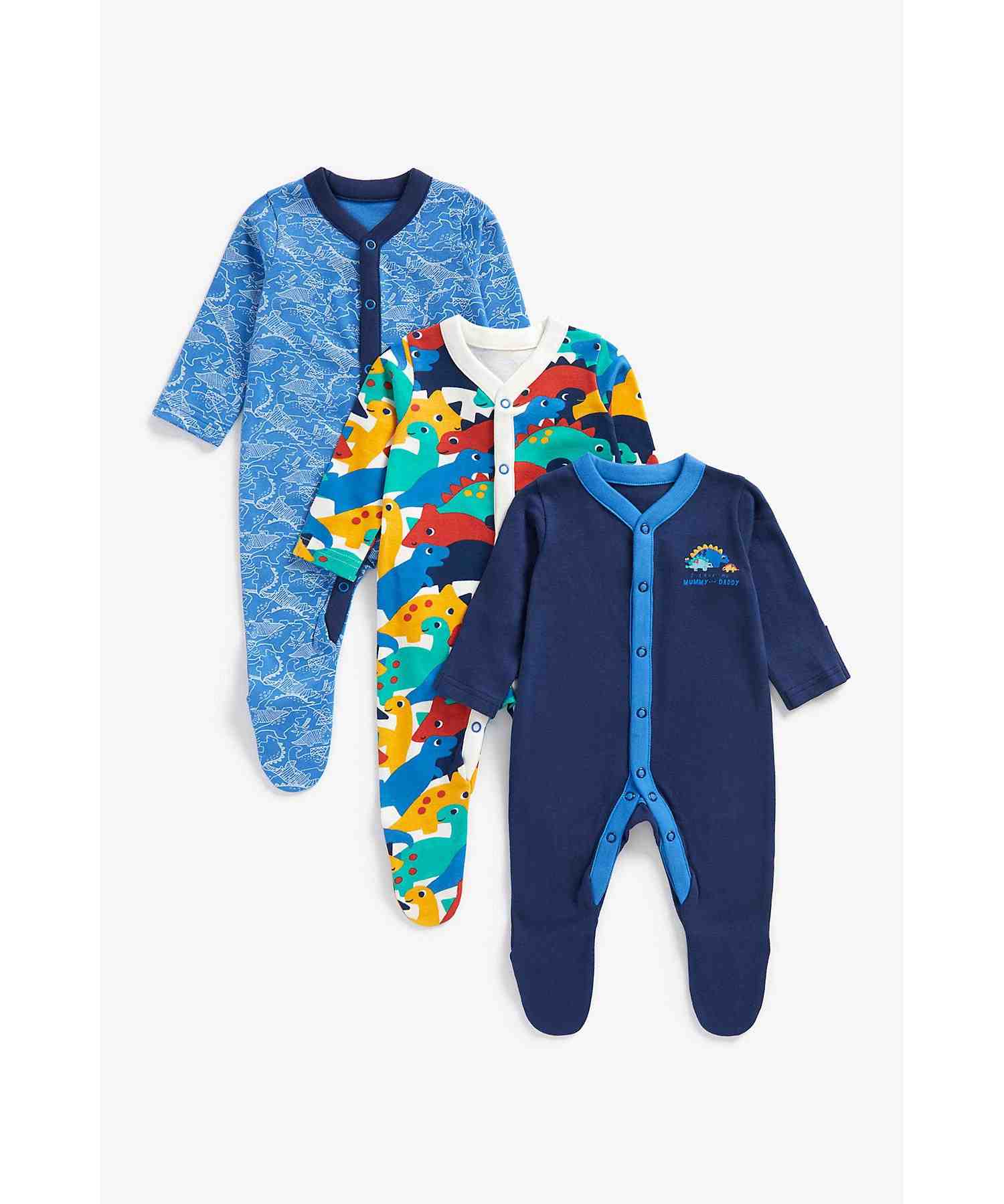 Mothercare Boys 100% Cotton Full Sleeves Sleepsuits - Pack of 3 - Blue