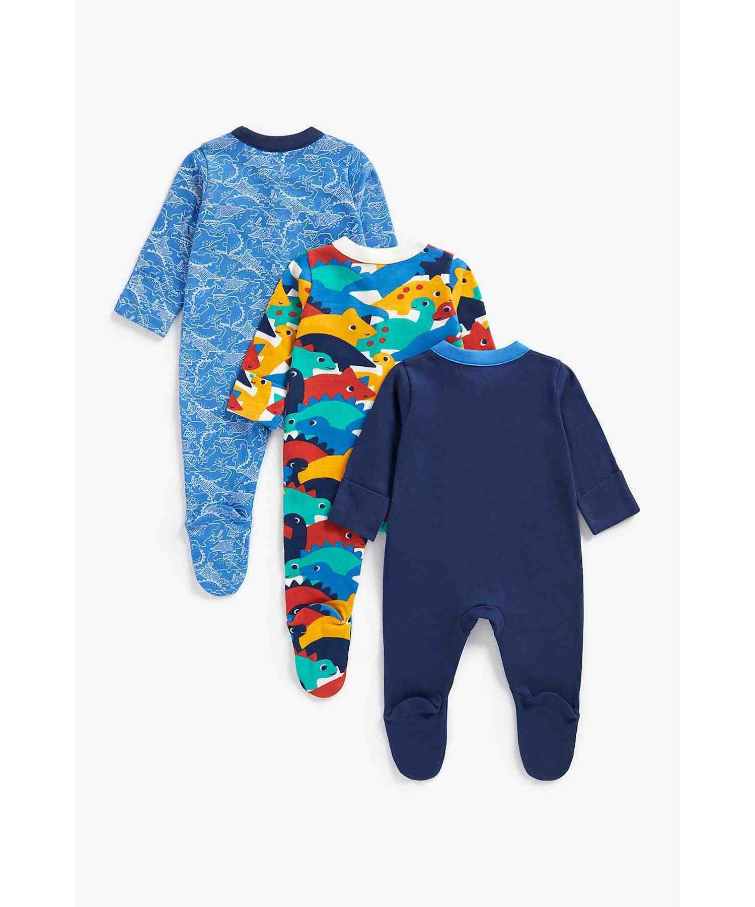 Mothercare Boys 100% Cotton Full Sleeves Sleepsuits - Pack of 3 - Blue