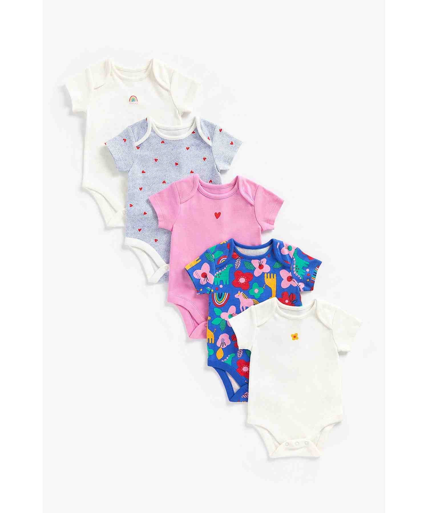 Mothercare Girls 100% Cotton Short Sleeves Bodysuit - Pack of 5 - Multicolor