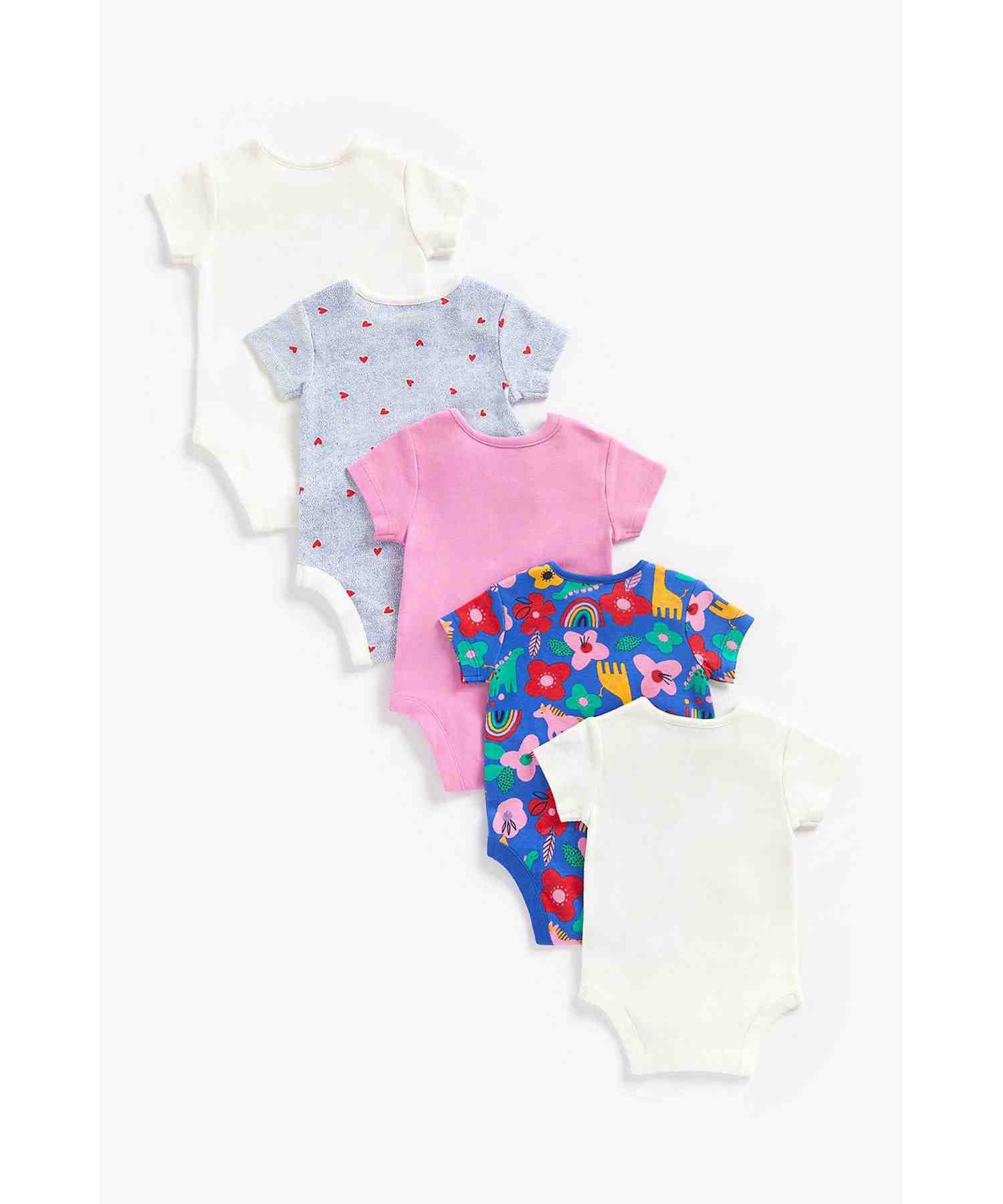 Mothercare Girls 100% Cotton Short Sleeves Bodysuit - Pack of 5 - Multicolor