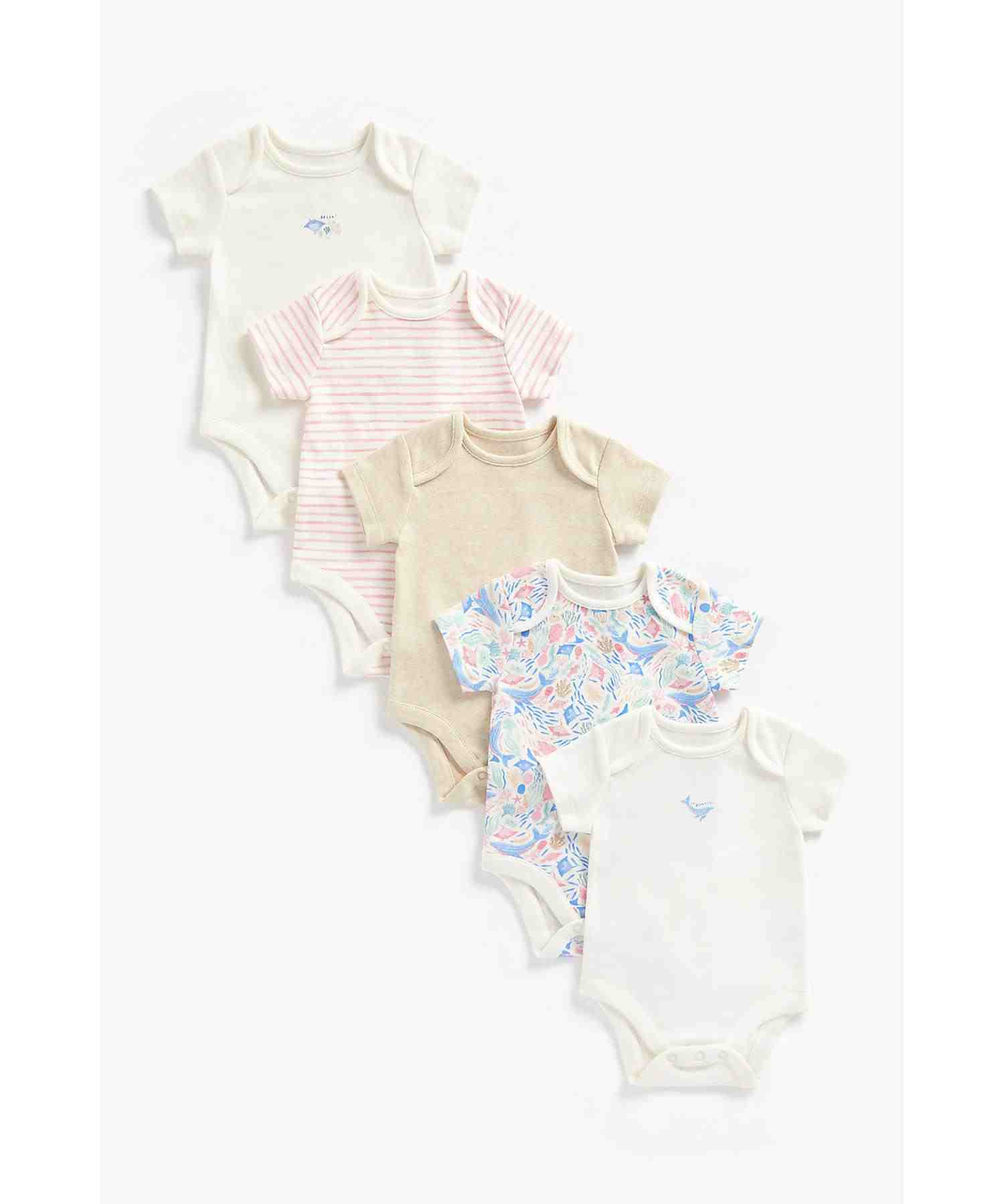Mothercare Girls 100% Cotton Short Sleeves Bodysuit - Pack of 5 - Multicolor