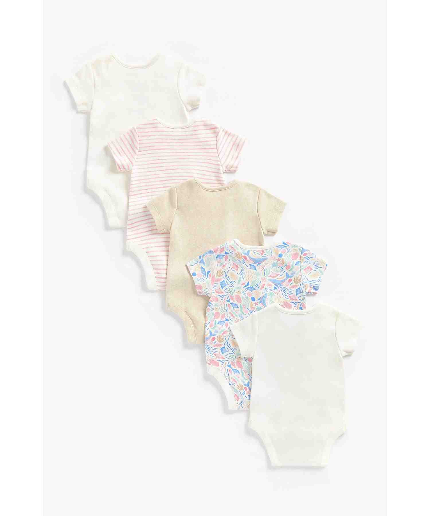 Mothercare Girls 100% Cotton Short Sleeves Bodysuit - Pack of 5 - Multicolor