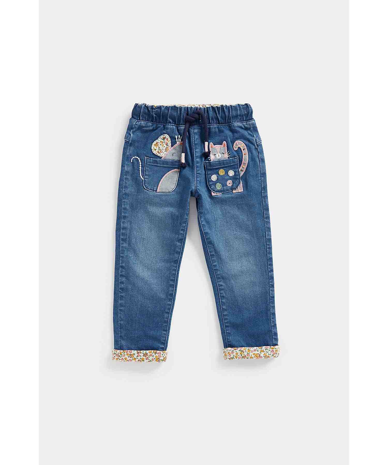 Mothercare Girls 100% Cotton Embroidered Jeans - Blue