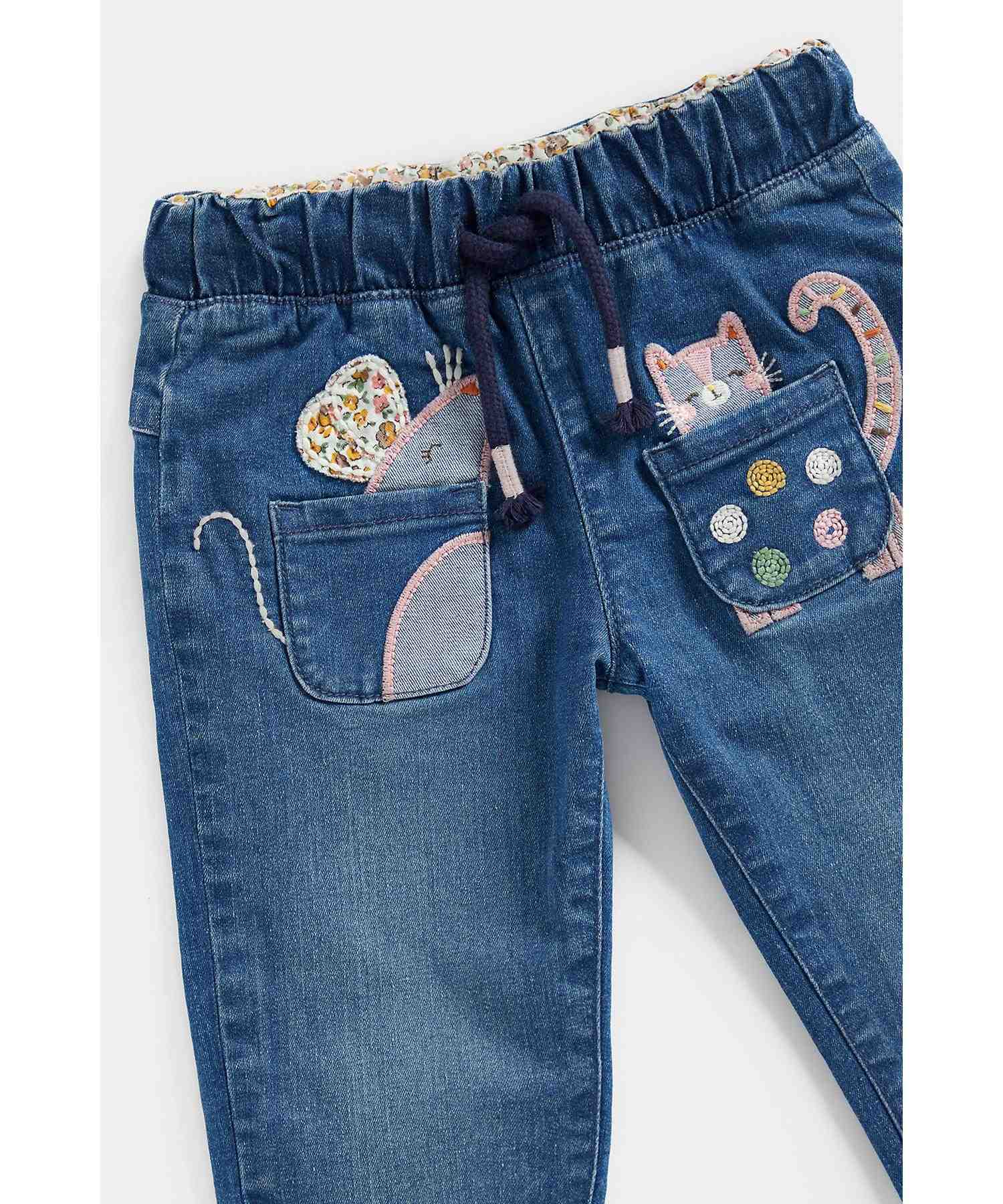 Mothercare Girls 100% Cotton Embroidered Jeans - Blue