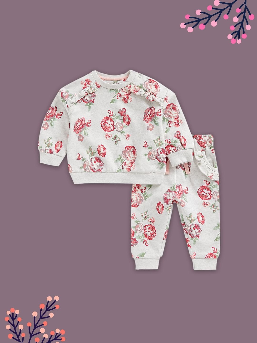 Mothercare | Girls Full Sleeves Jogger & T-Shirt Sets Floral Aop-Multicolor 0