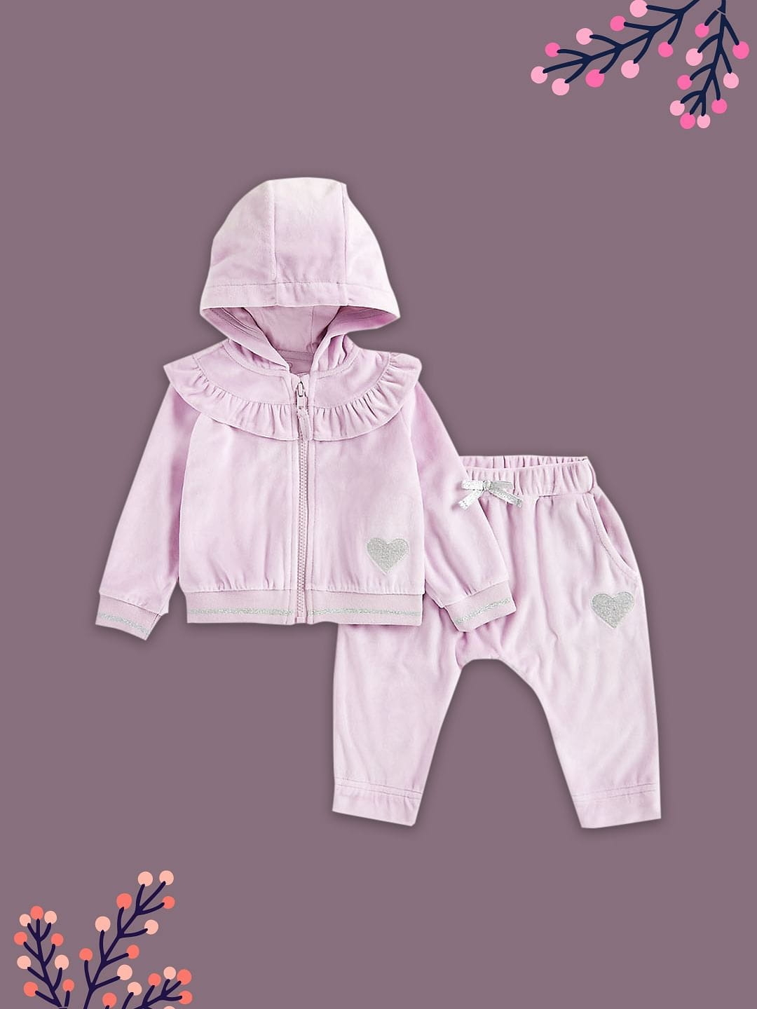 Mothercare | Girls Full Sleeves Jogger & T-Shirt Sets Frill Details-Purple 0
