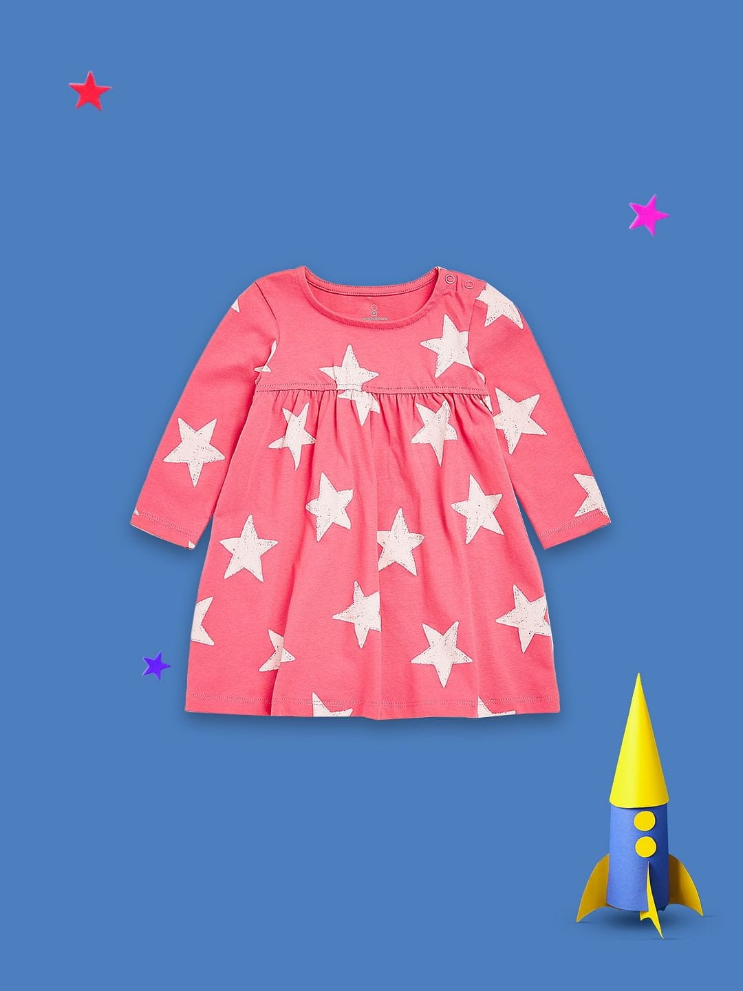 Mothercare | Girls Full Sleeves Dress Star All Over Print-Pink 0