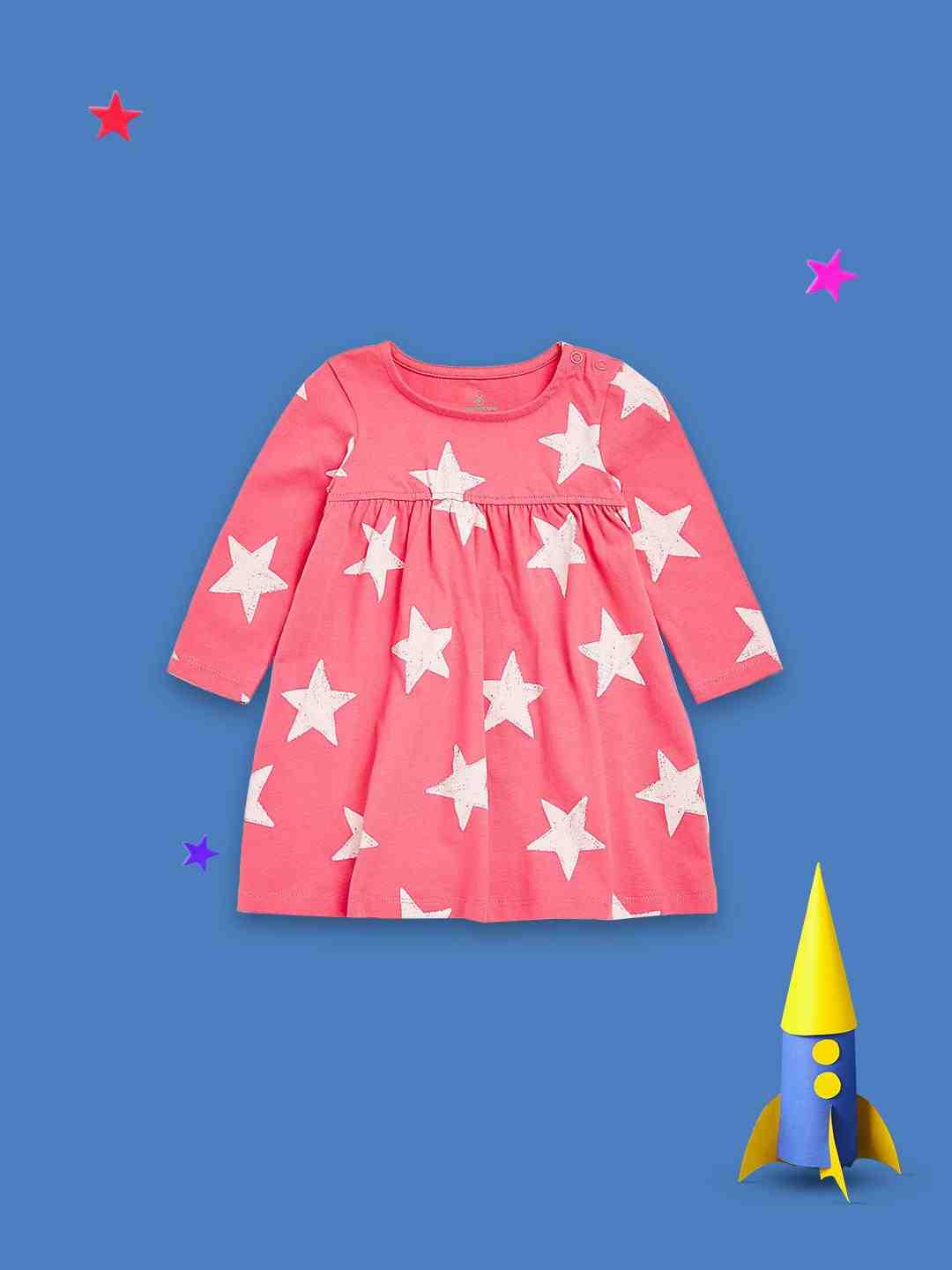 Mothercare Girls 100% Cotton Stars Dress - Pink