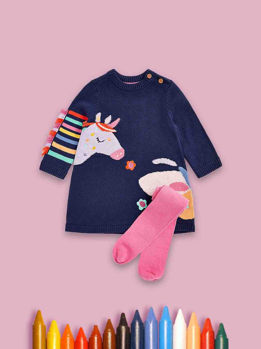 Mothercare Girls 100% Cotton Cotton Knit Dress with Embroidery Dress with Socks - Multicolor
