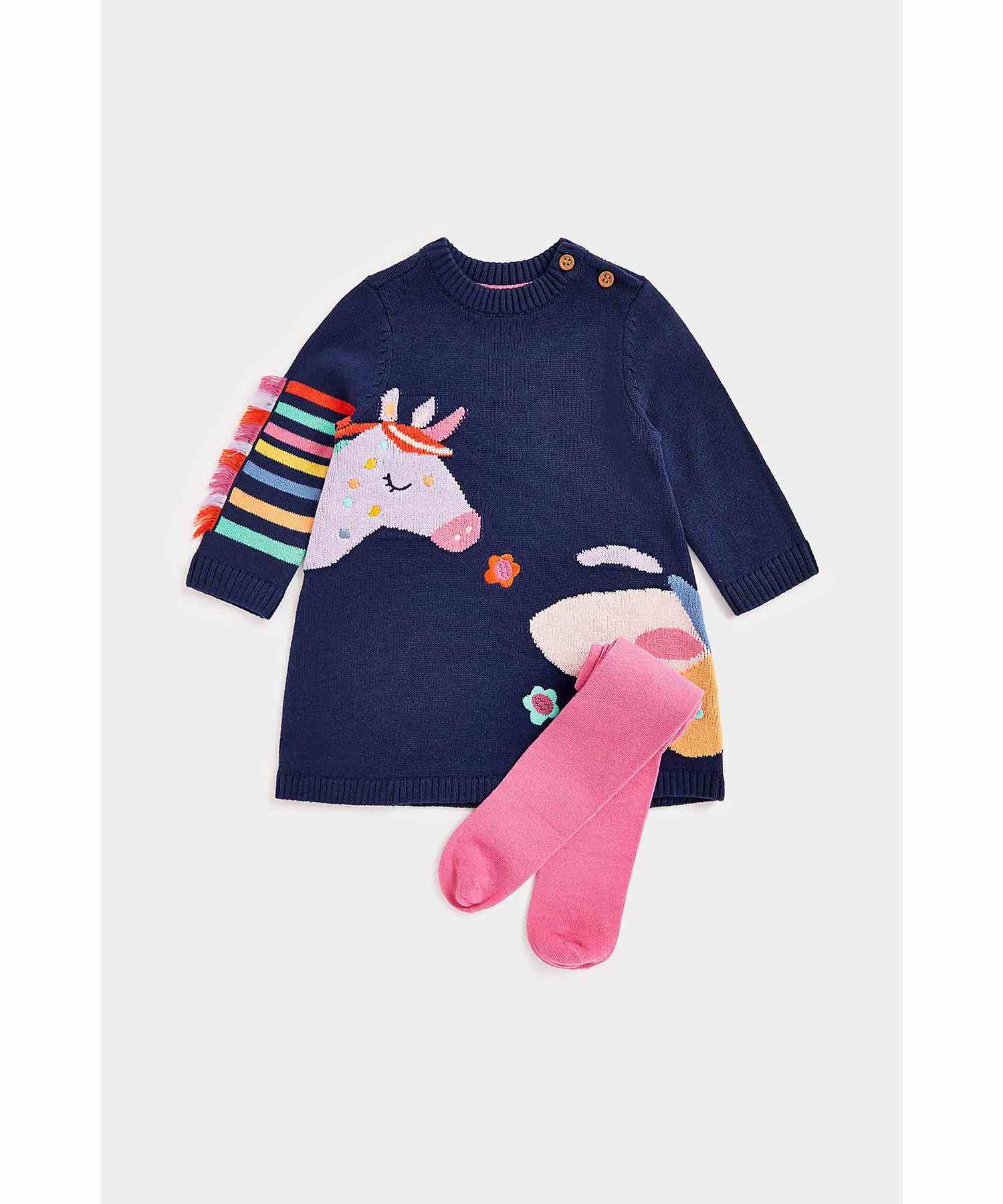 Mothercare Girls 100% Cotton Cotton Knit Dress with Embroidery Dress with Socks - Multicolor