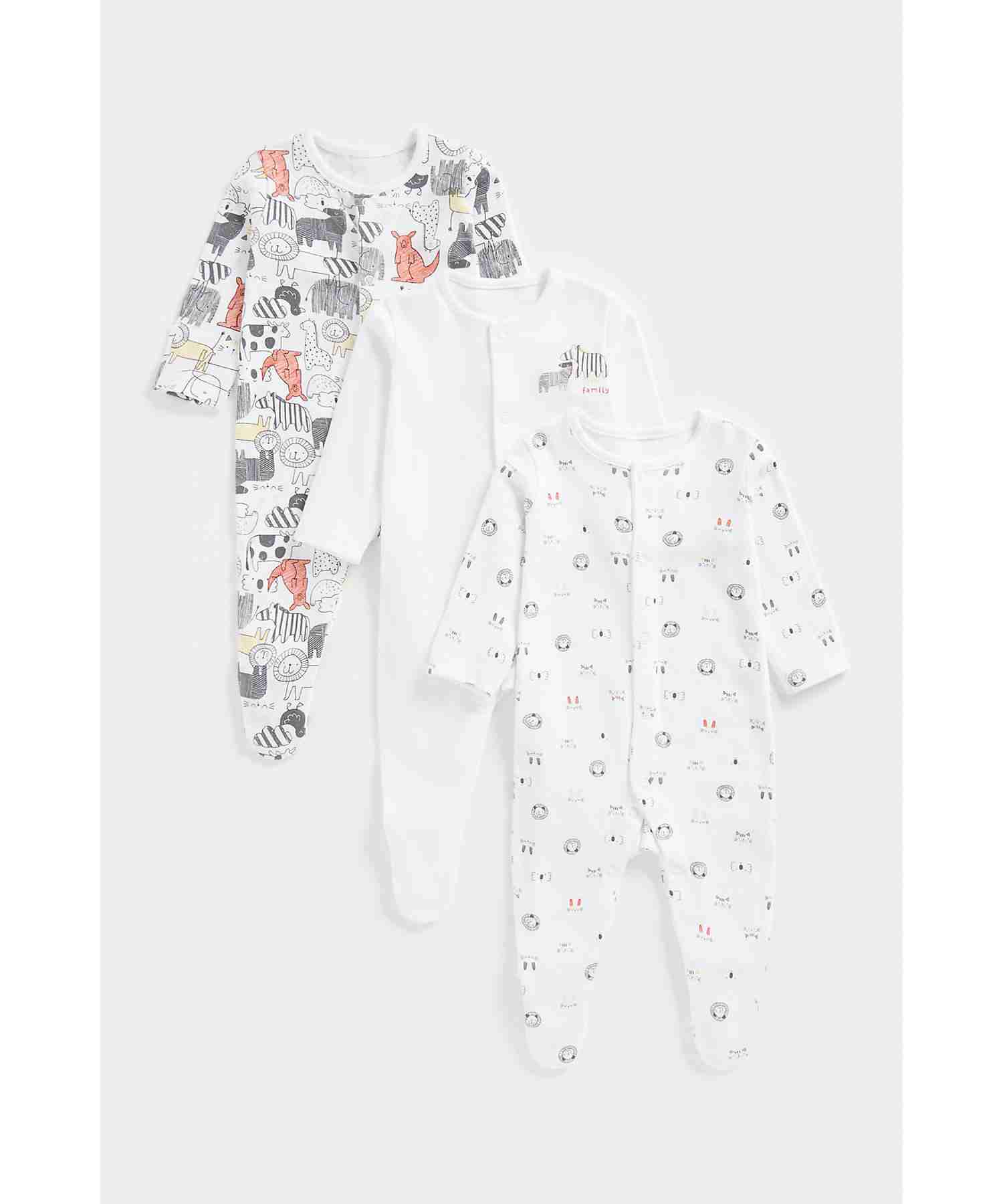 Mothercare Unisex 100% Cotton Printed Sleepsuit - Pack of 3 - Multicolor