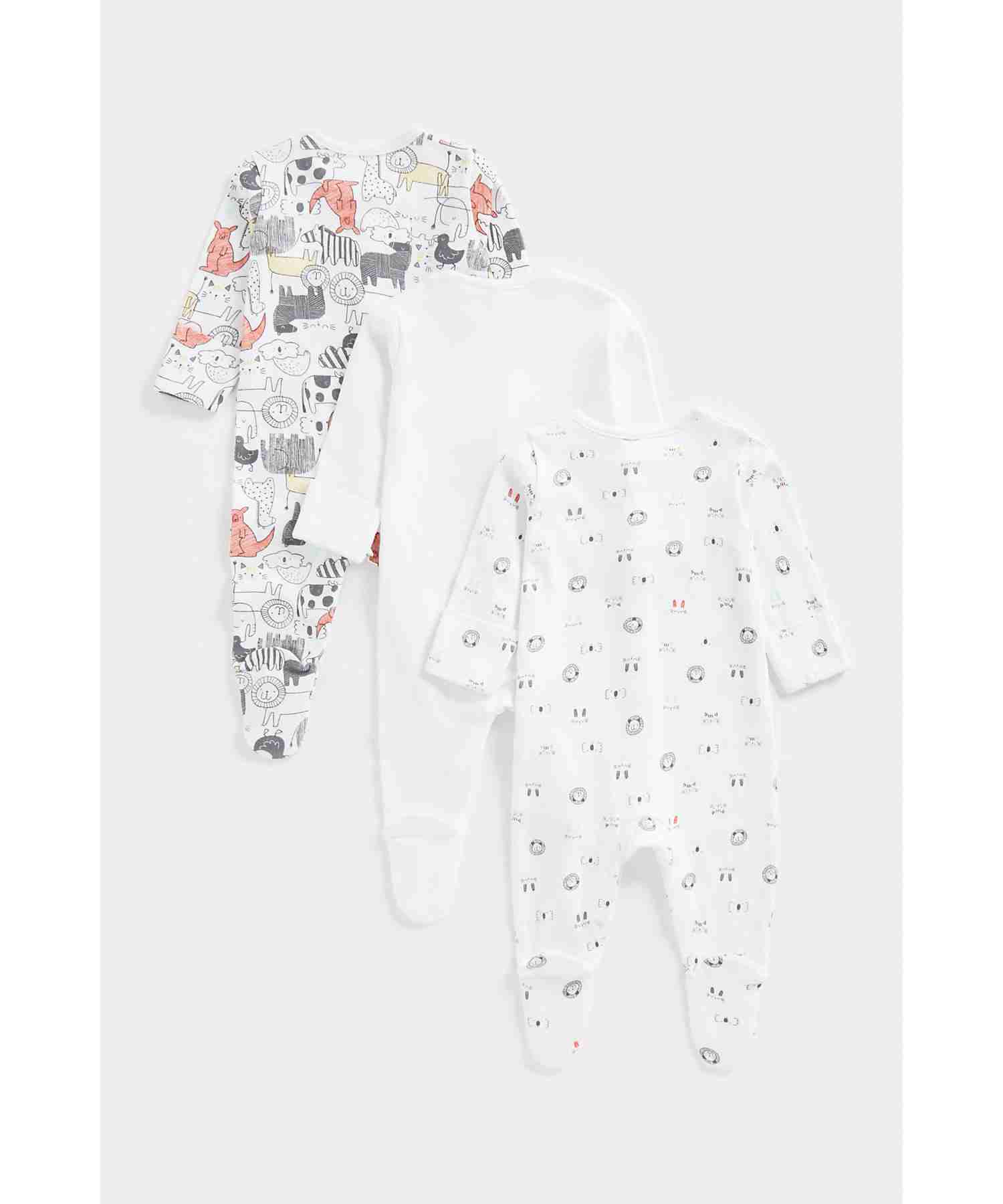 Mothercare Unisex 100% Cotton Printed Sleepsuit - Pack of 3 - Multicolor