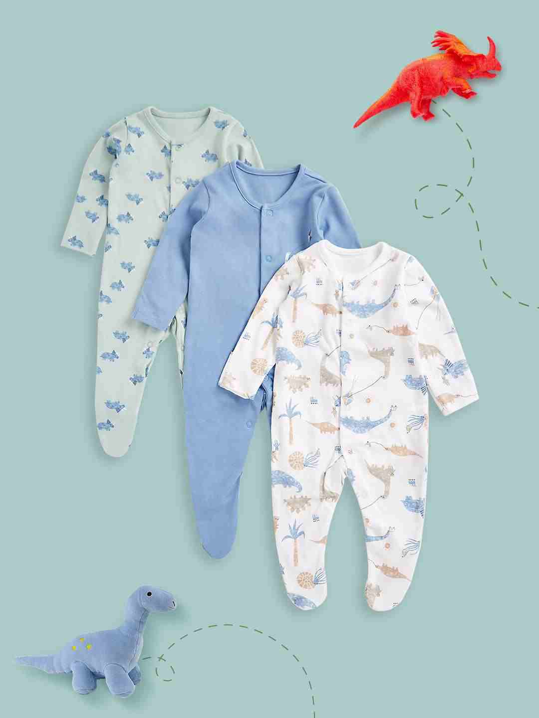 Mothercare Boys 100% Cotton Printed Sleepsuit - Pack of 3 - Multicolor