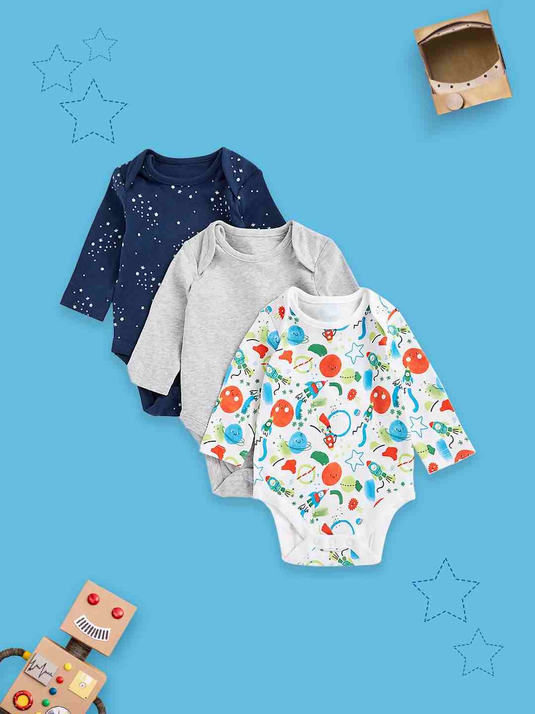 Mothercare Boys 100% Cotton Printed Bodysuit - Pack of 3 - Multicolor