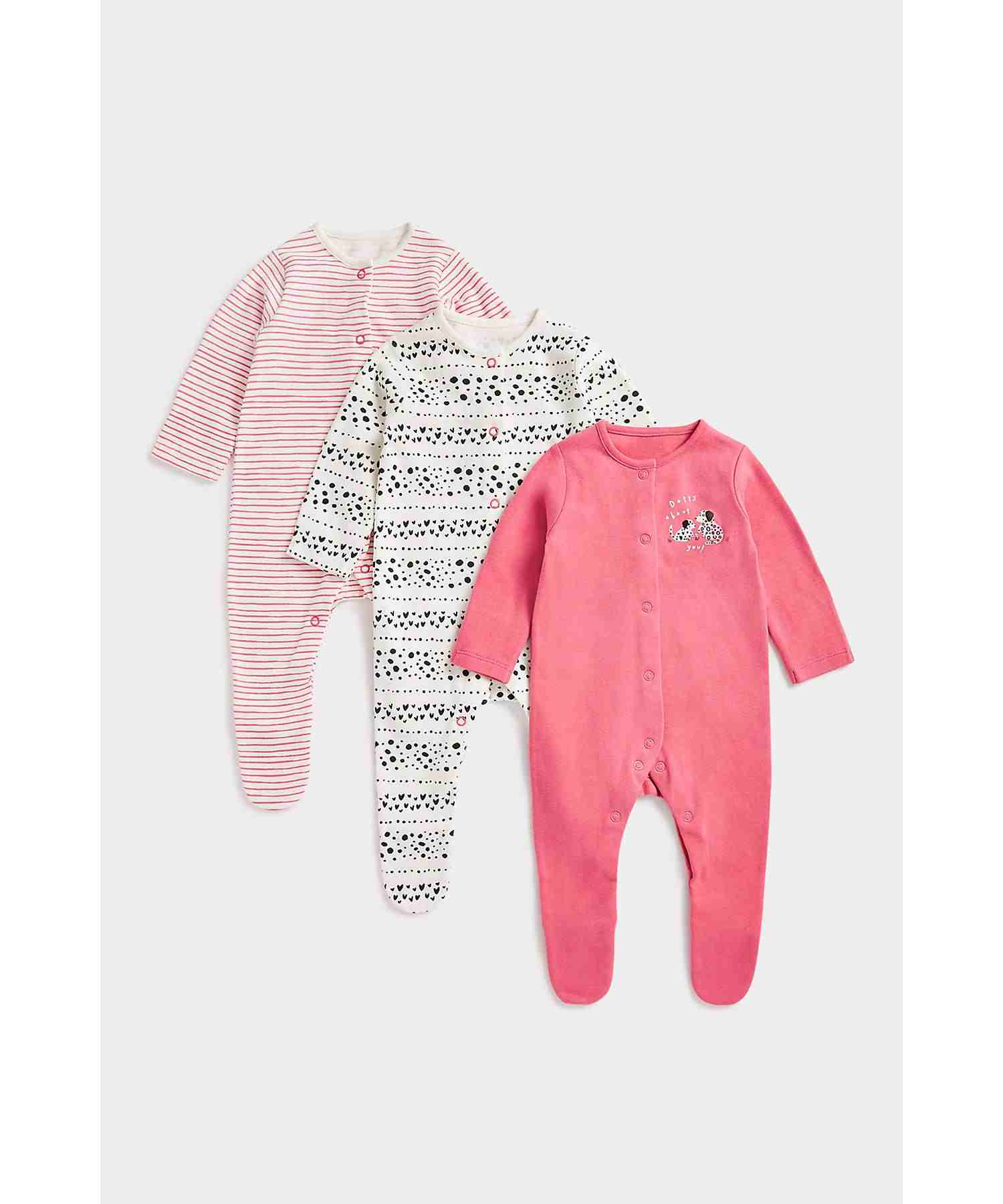 Mothercare Girls 100% Cotton Printed Sleepsuit - Pack of 3 - Multicolor