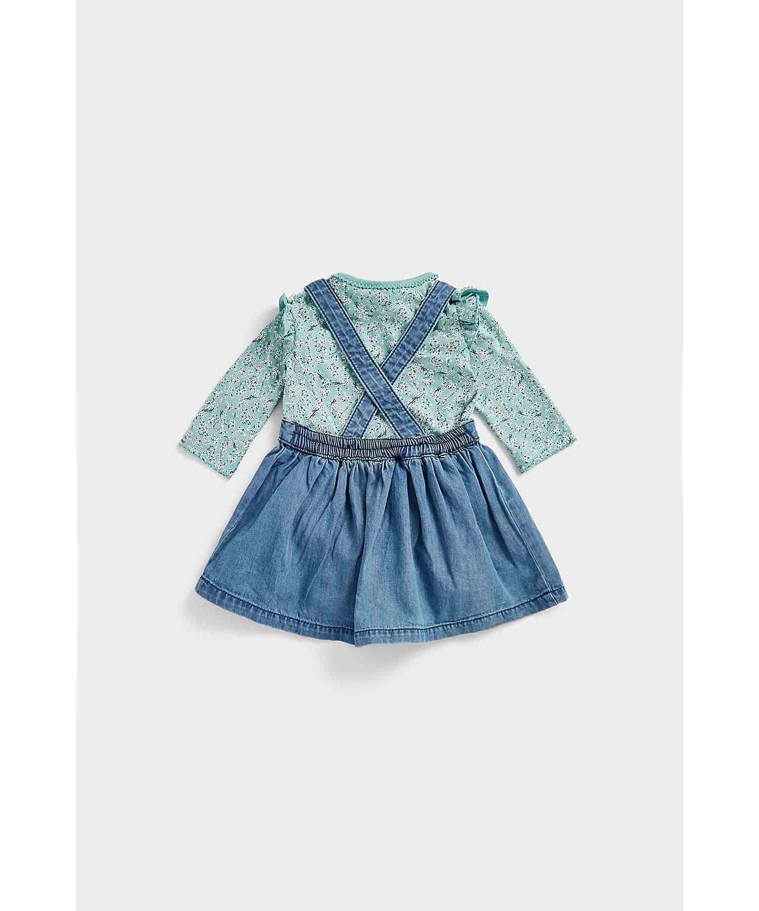 Mothercare Girls Mid - Wash Denim Dress with Appliqué and Embroidery Dungaree Bodysuit Set - Multicolor