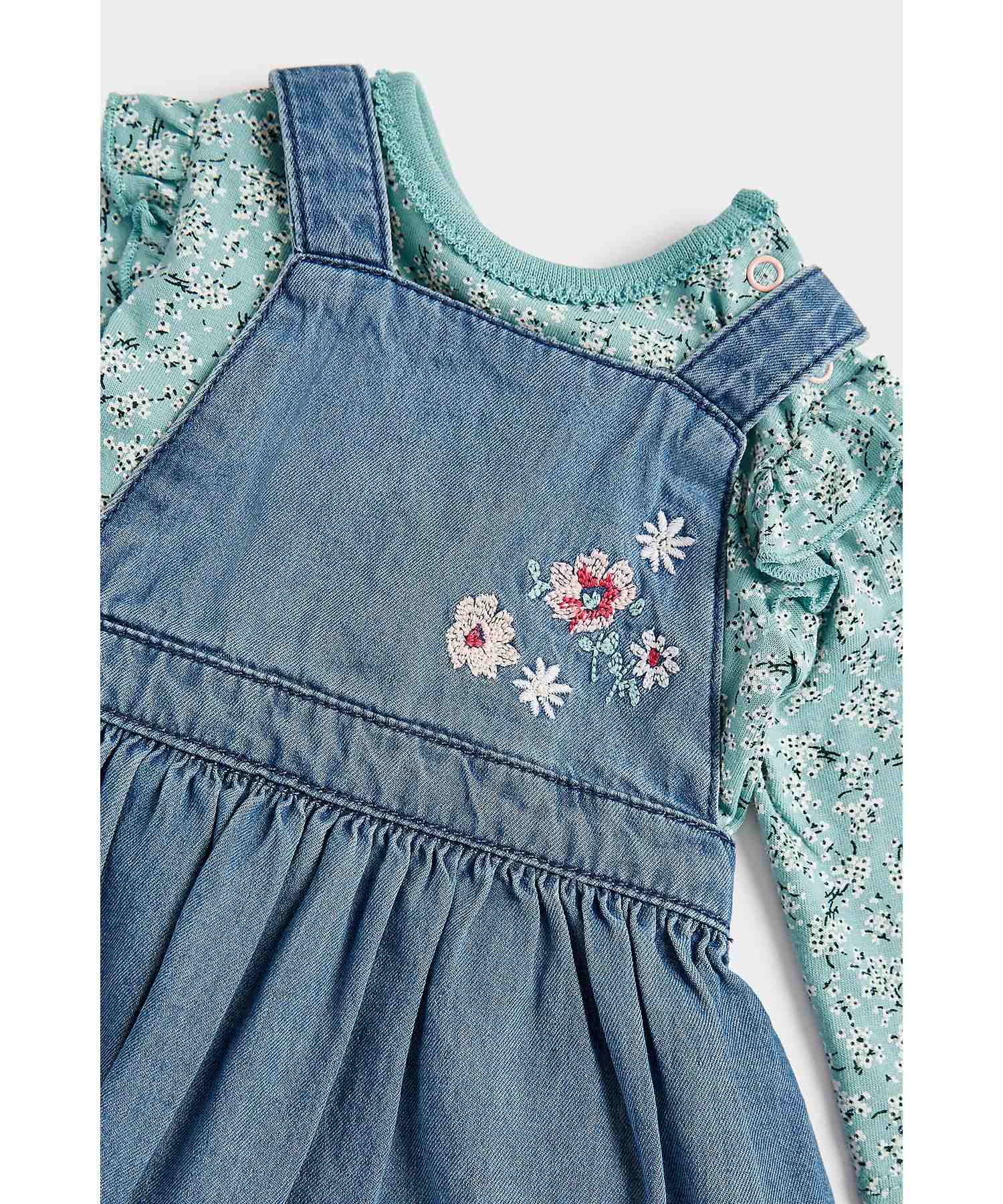 Mothercare Girls Mid - Wash Denim Dress with Appliqué and Embroidery Dungaree Bodysuit Set - Multicolor
