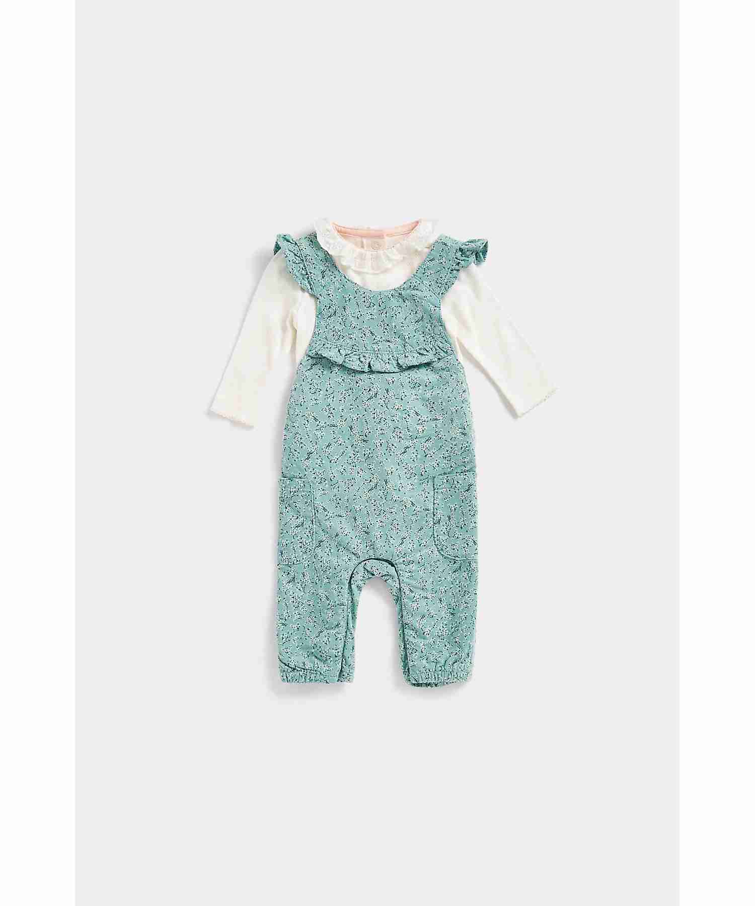 Mothercare Girls Printed Cord Dungarees with Frills and Pockets Dungaree Set - Multicolor
