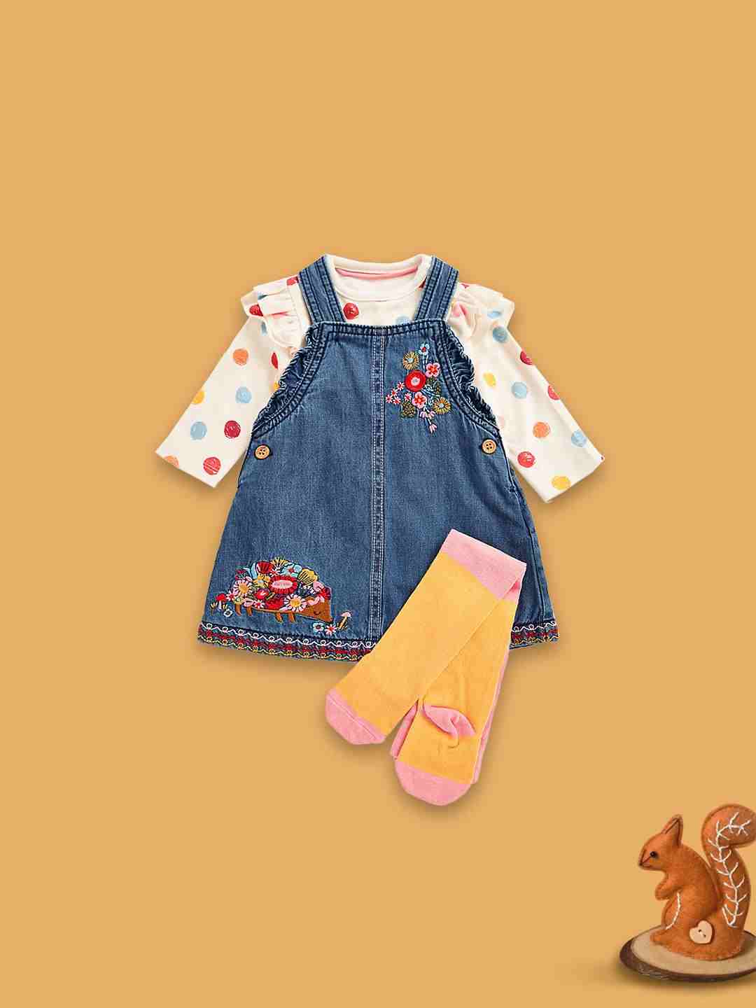 Mothercare Girls Pinny Dress with Embroidery Dungaree Set - Multicolor