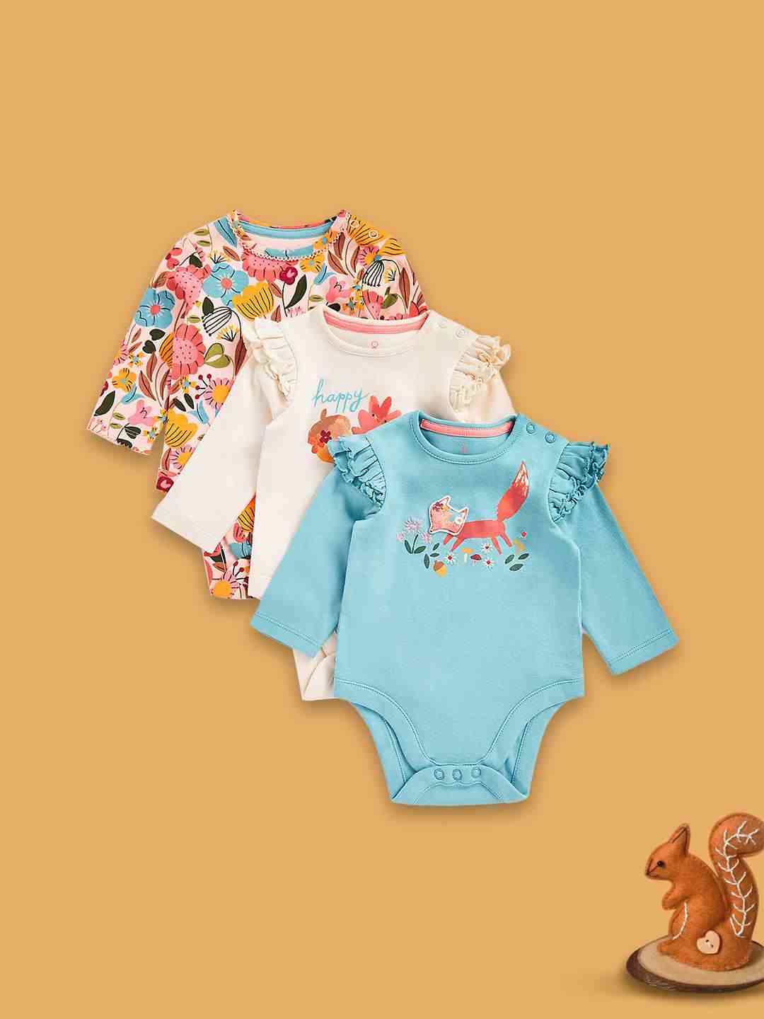 Mothercare Girls 100% Cotton Animal Bodysuit - Pack of 3 - Multicolor