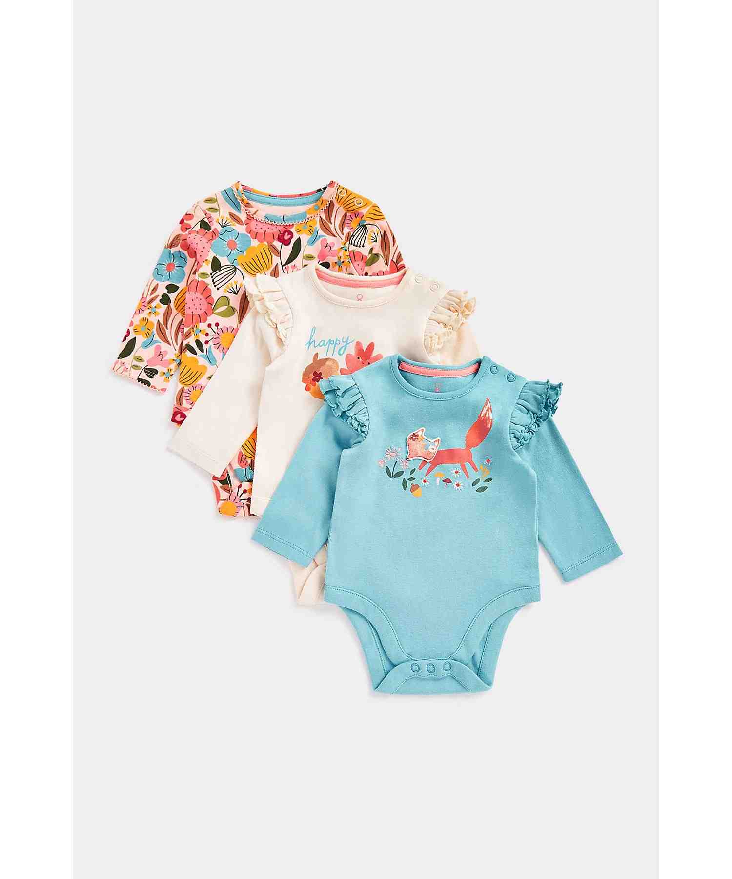 Mothercare Girls 100% Cotton Animal Bodysuit - Pack of 3 - Multicolor