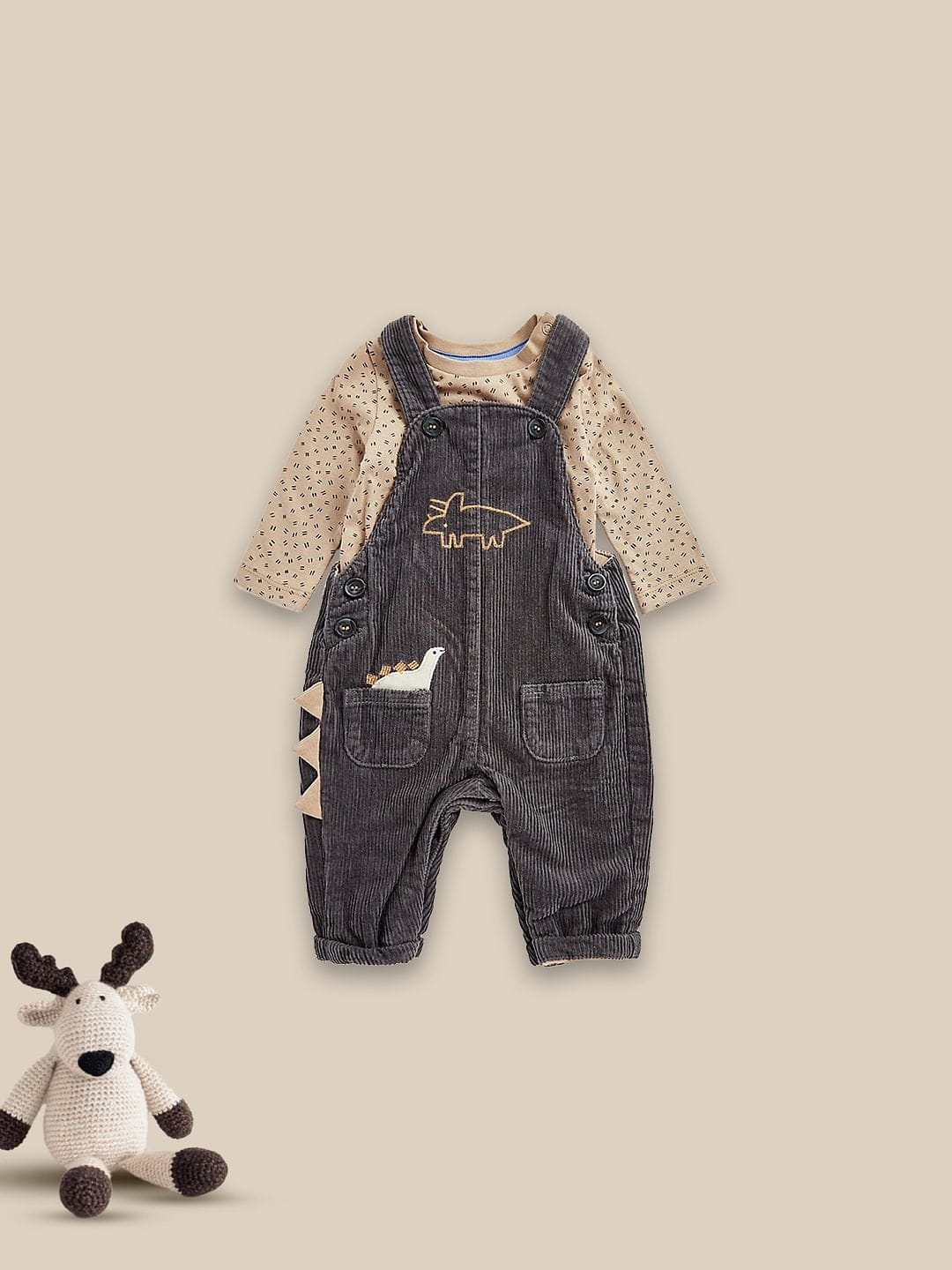Mothercare | Boys Full Sleeves Dungaree Set -Pack of 1-Brown 0