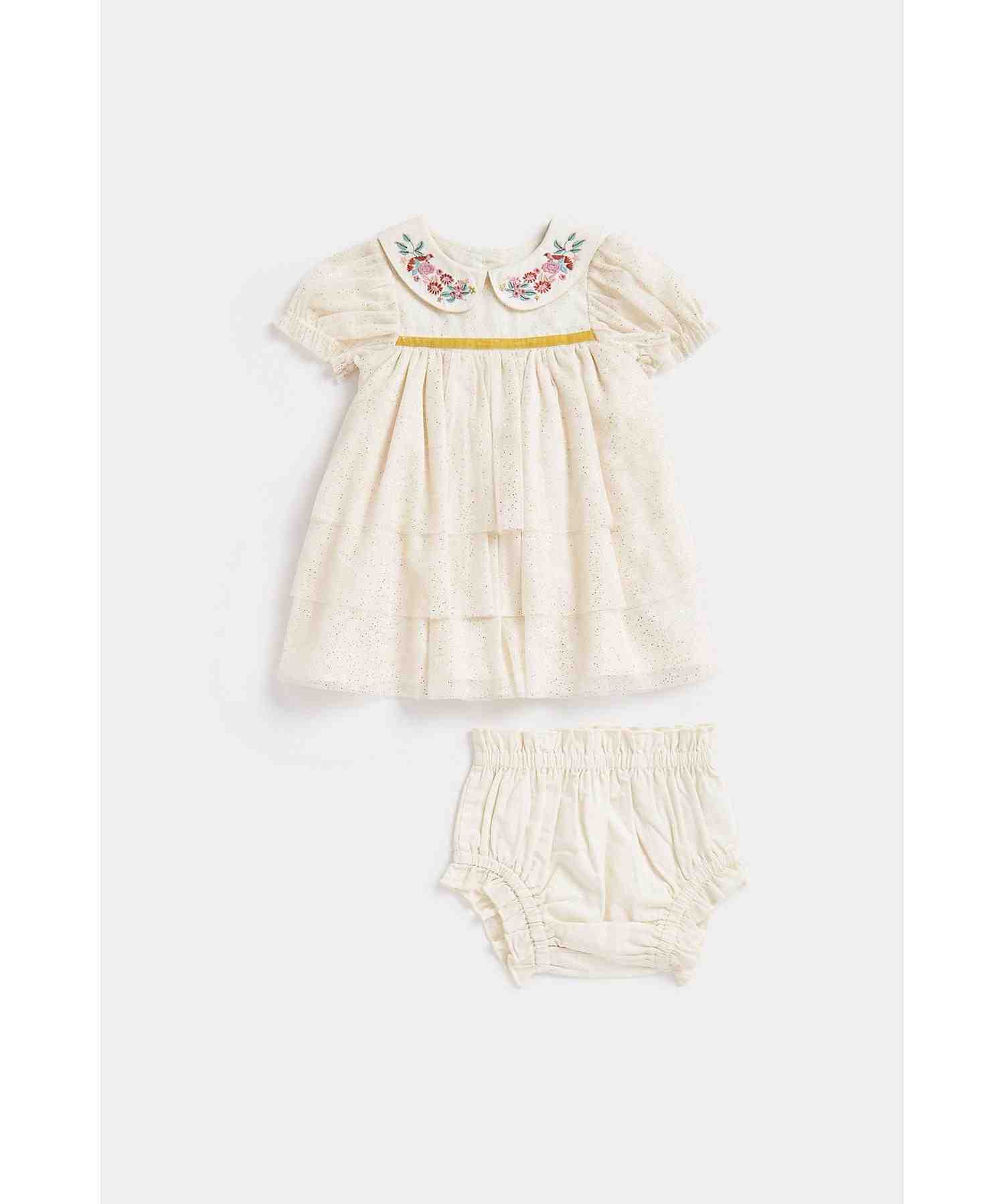 Mothercare Girls Sparkle Tulle Fabric and 3 - Tier Skirt Dress and Knickers - White