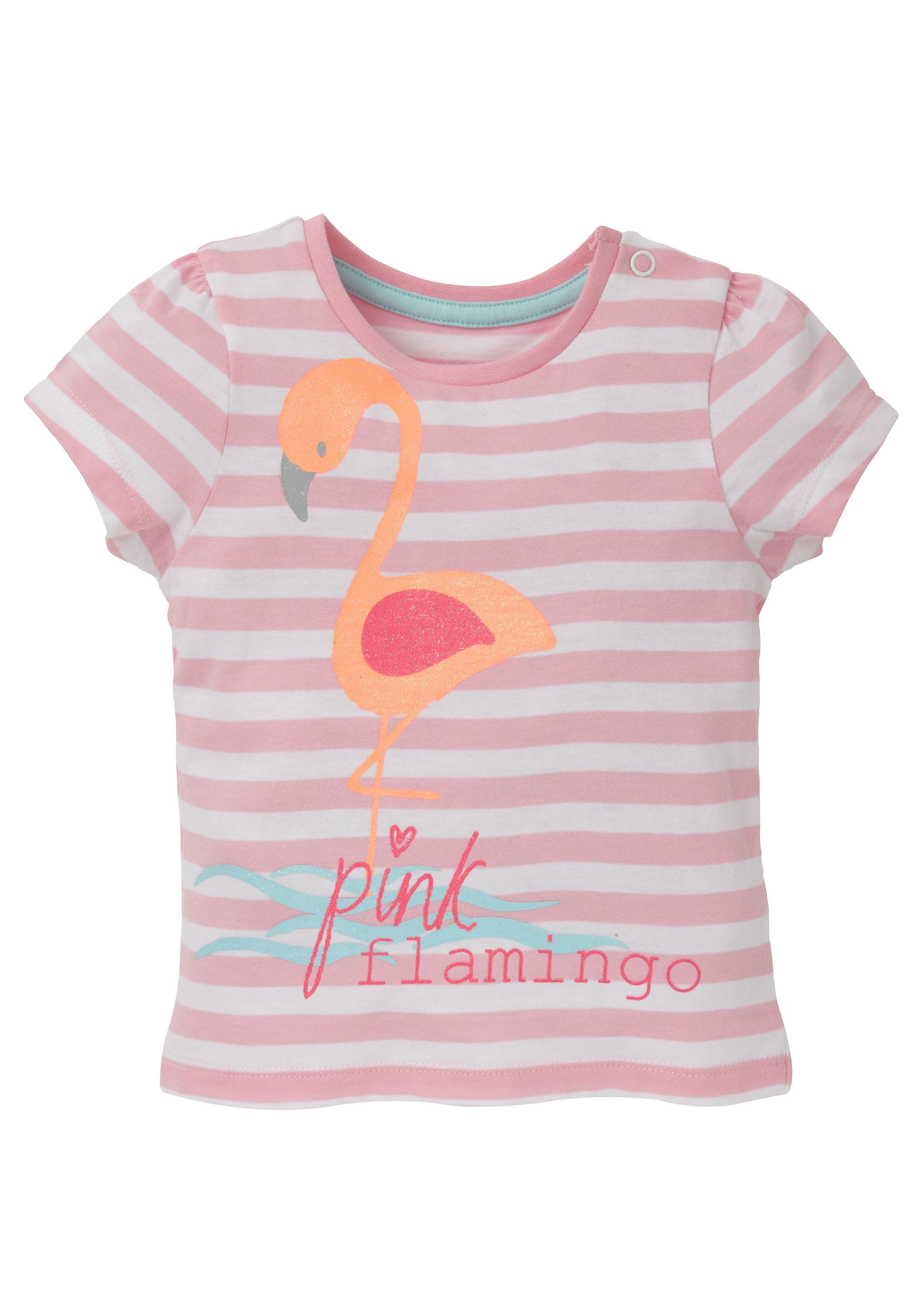 Mothercare | Girls Half Sleeves T-Shirt Striped Flamingo Print - Pink 0