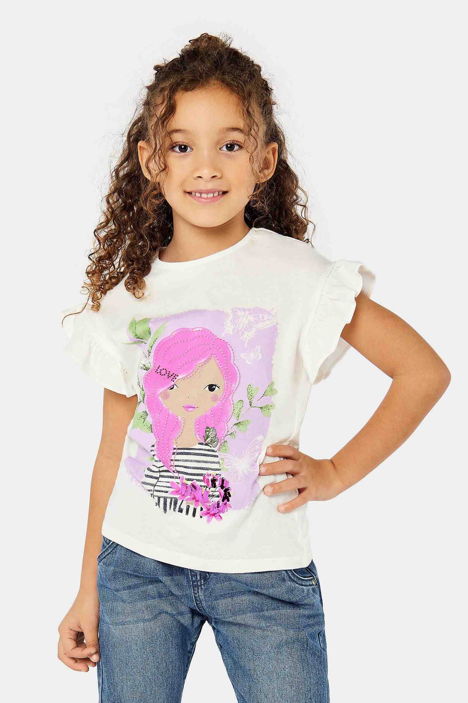 Mothercare Girls 100% Cotton Frill Sleeves T-Shirt - White