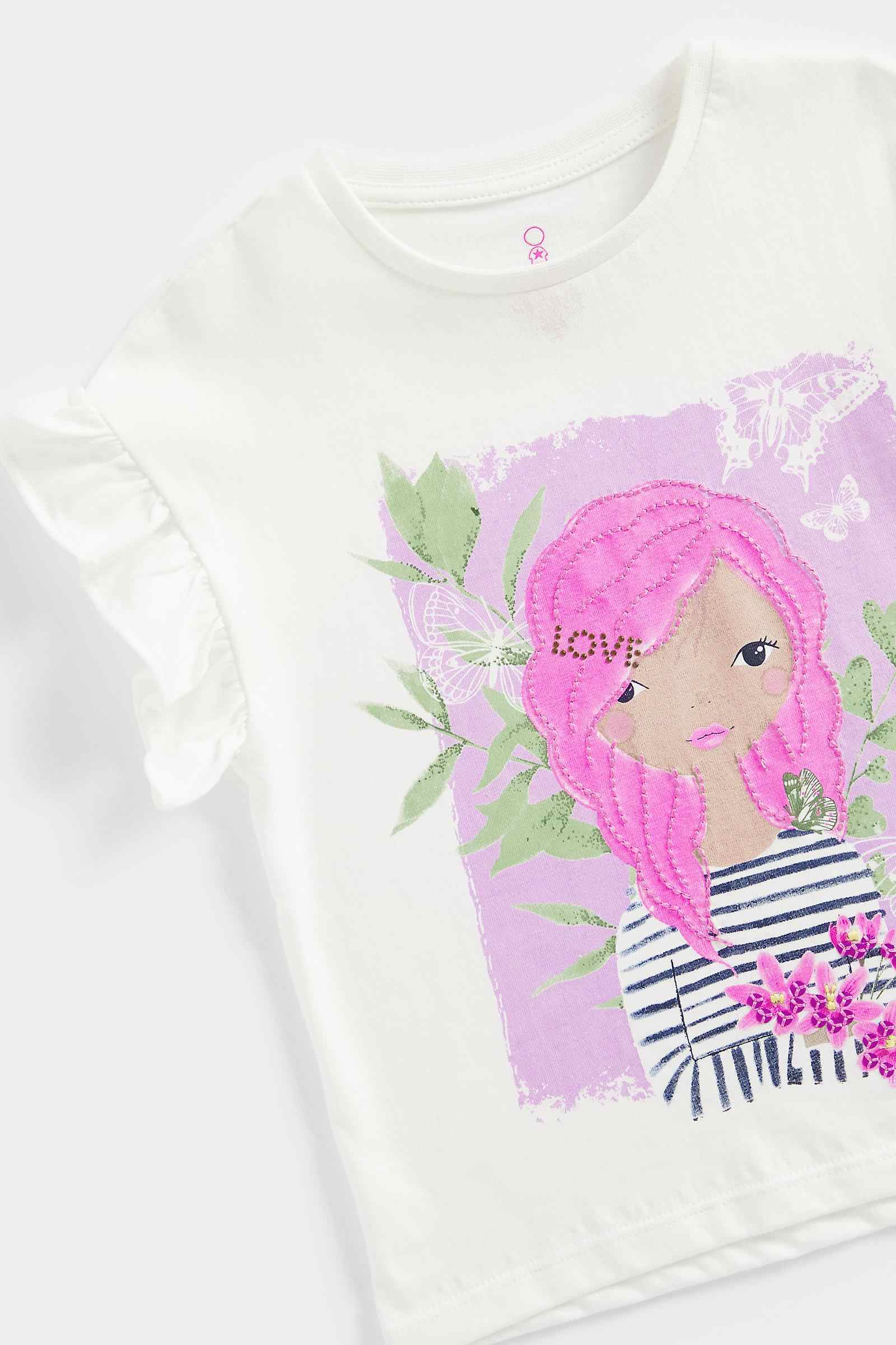 Mothercare Girls 100% Cotton Frill Sleeves T-Shirt - White