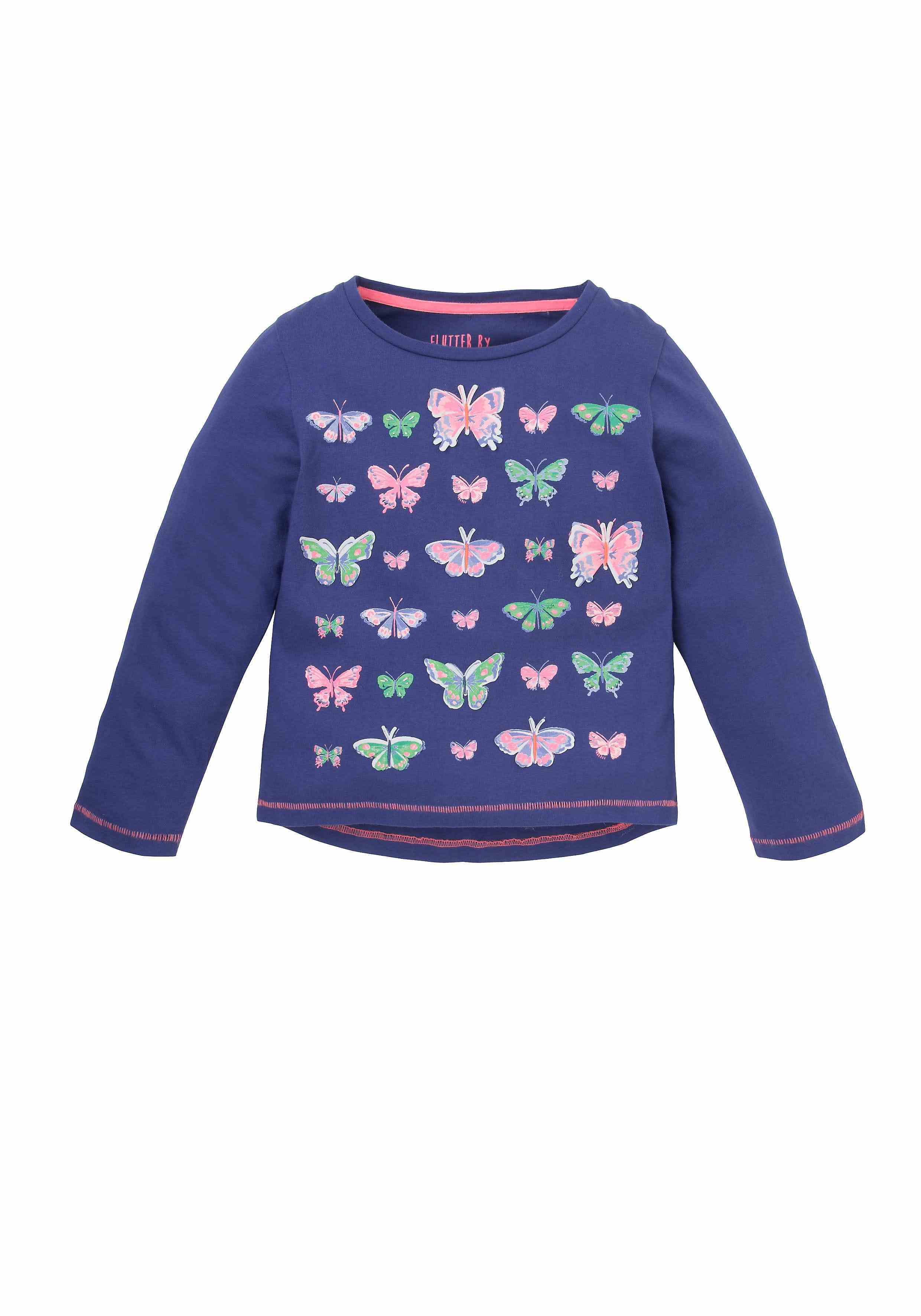 Girls Full Sleeves Top 3D Butterfly Design - Navy