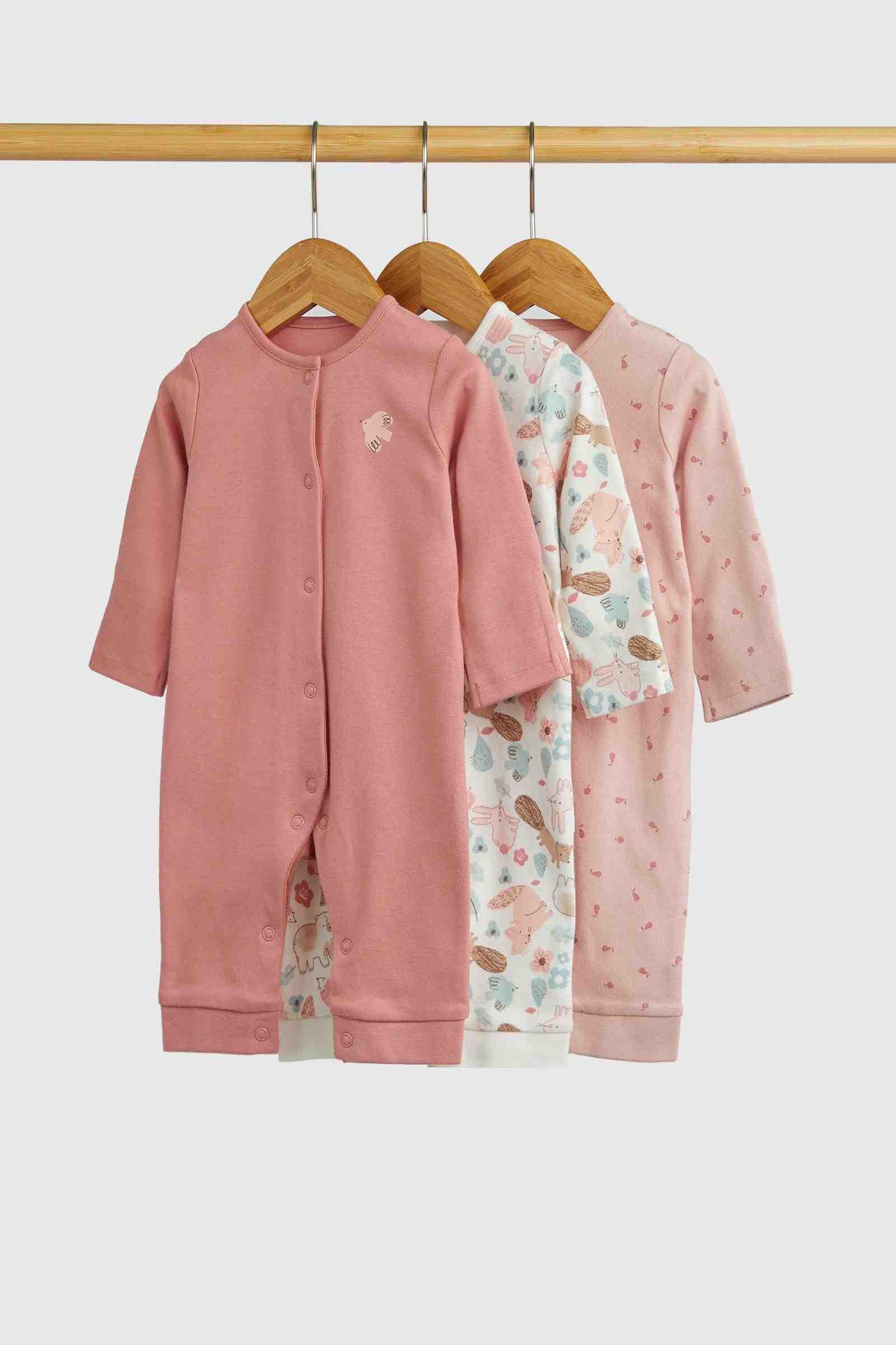 Mothercare Essentials Girls Pink Woodland 100% Cotton Long Sleeves Footless Baby Sleepsuits - Pack of 3 - Pink