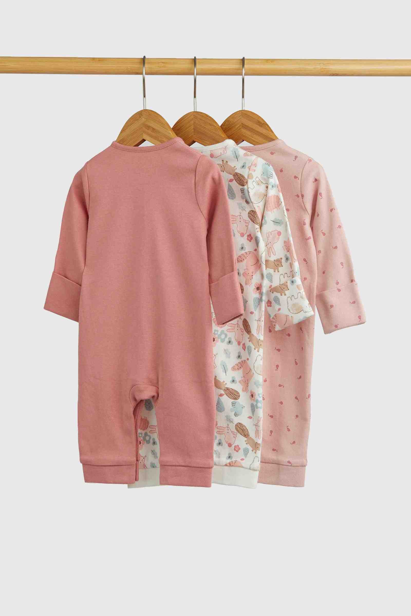 Mothercare Essentials Girls Pink Woodland 100% Cotton Long Sleeves Footless Baby Sleepsuits - Pack of 3 - Pink