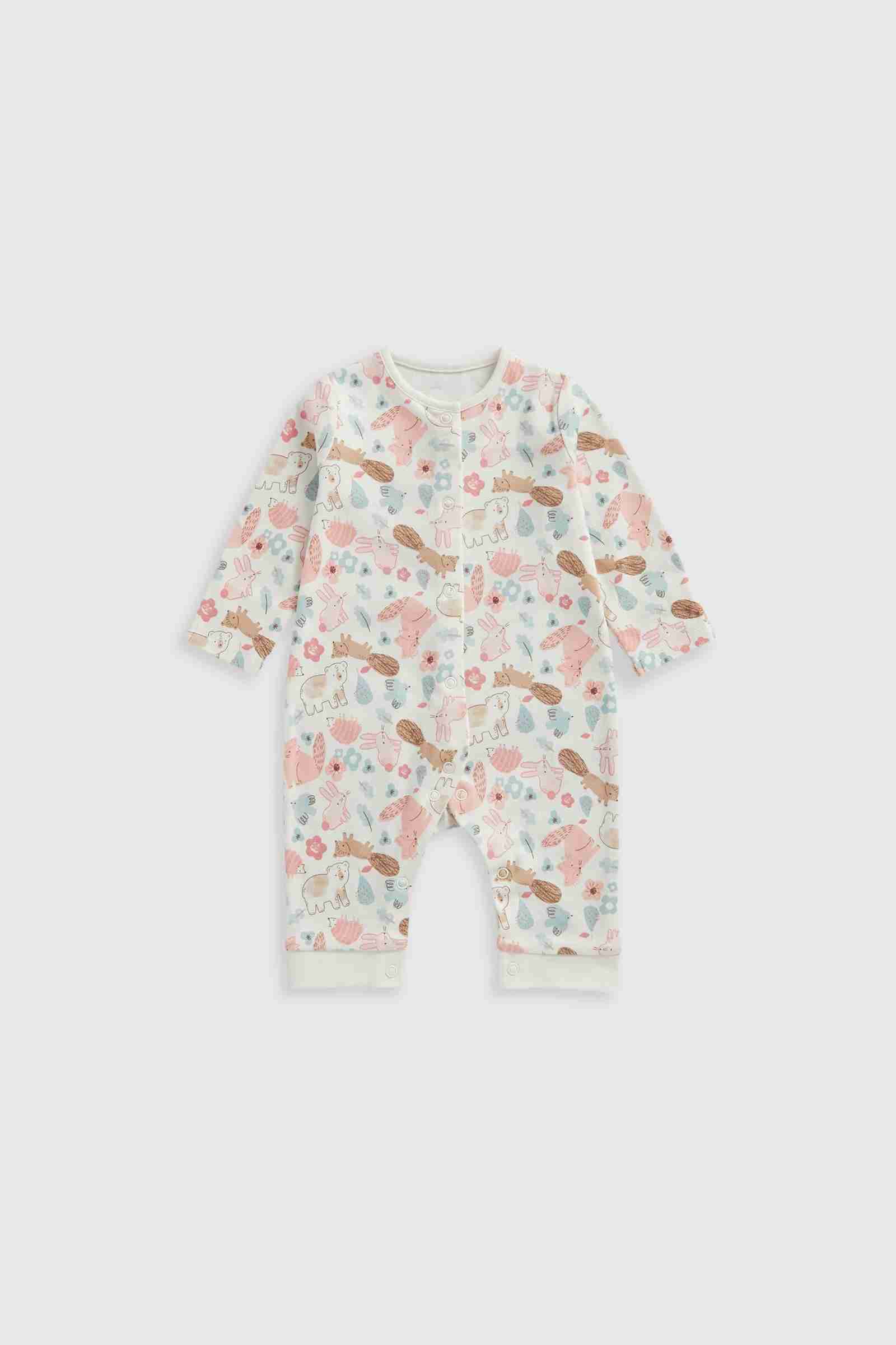 Mothercare Essentials Girls Pink Woodland 100% Cotton Long Sleeves Footless Baby Sleepsuits - Pack of 3 - Pink