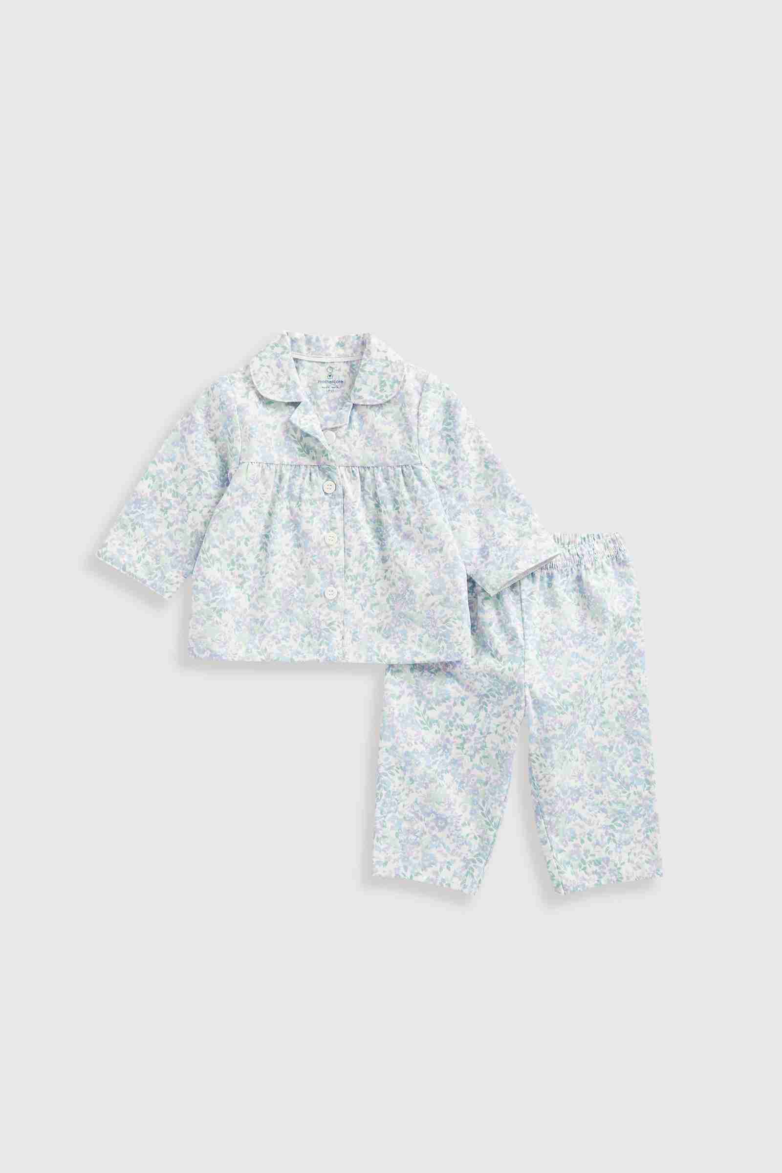 Mothercare Essentials Girls 100% Cotton 2 - Piece Long Sleeves Woven Pyjama Set - Floral - White