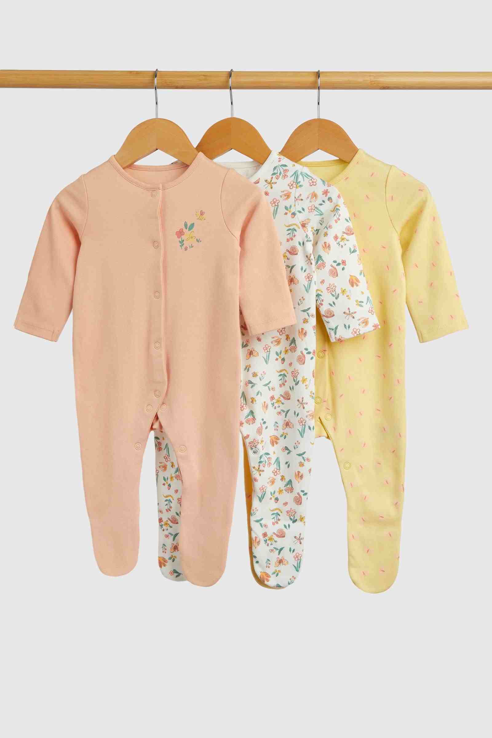 Mothercare Essentials Girls Floral Garden 100% Cotton Long Sleeves Sleepsuits - Pack of 3 - Pink
