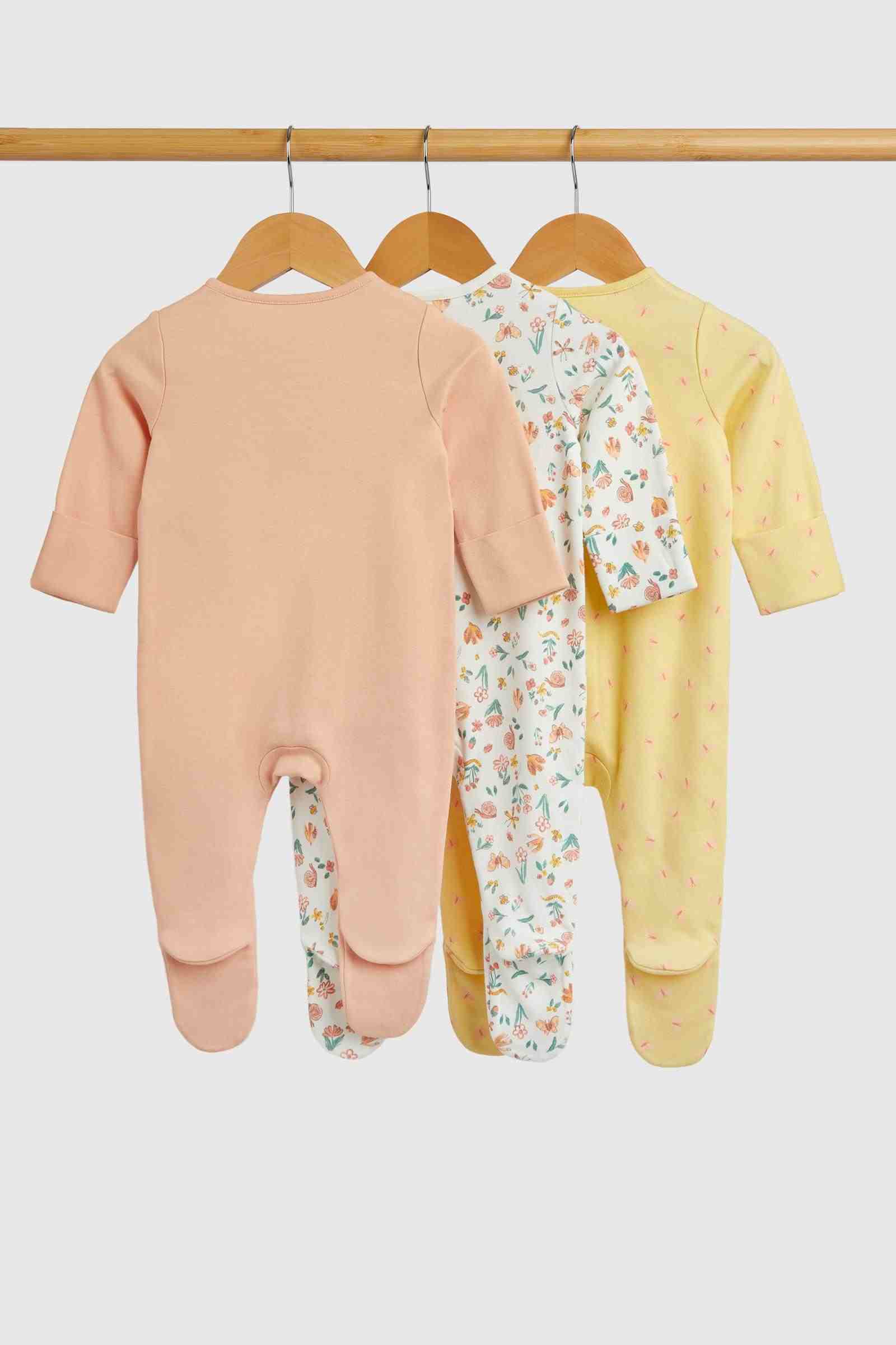 Mothercare Essentials Girls Floral Garden 100% Cotton Long Sleeves Sleepsuits - Pack of 3 - Pink