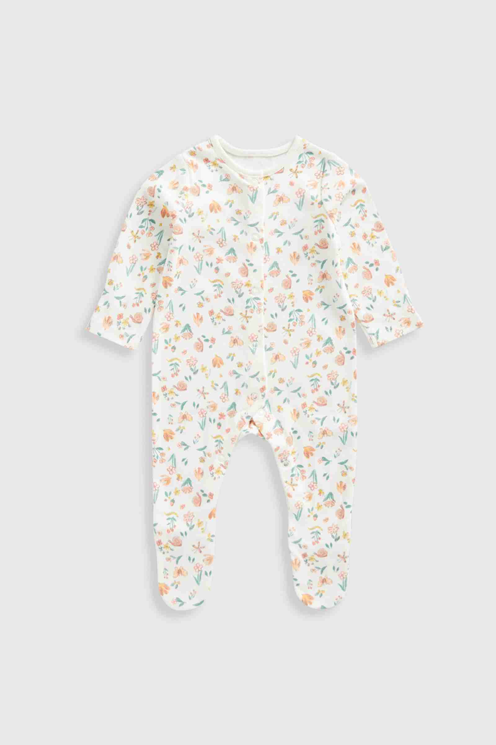 Mothercare Essentials Girls Floral Garden 100% Cotton Long Sleeves Sleepsuits - Pack of 3 - Pink