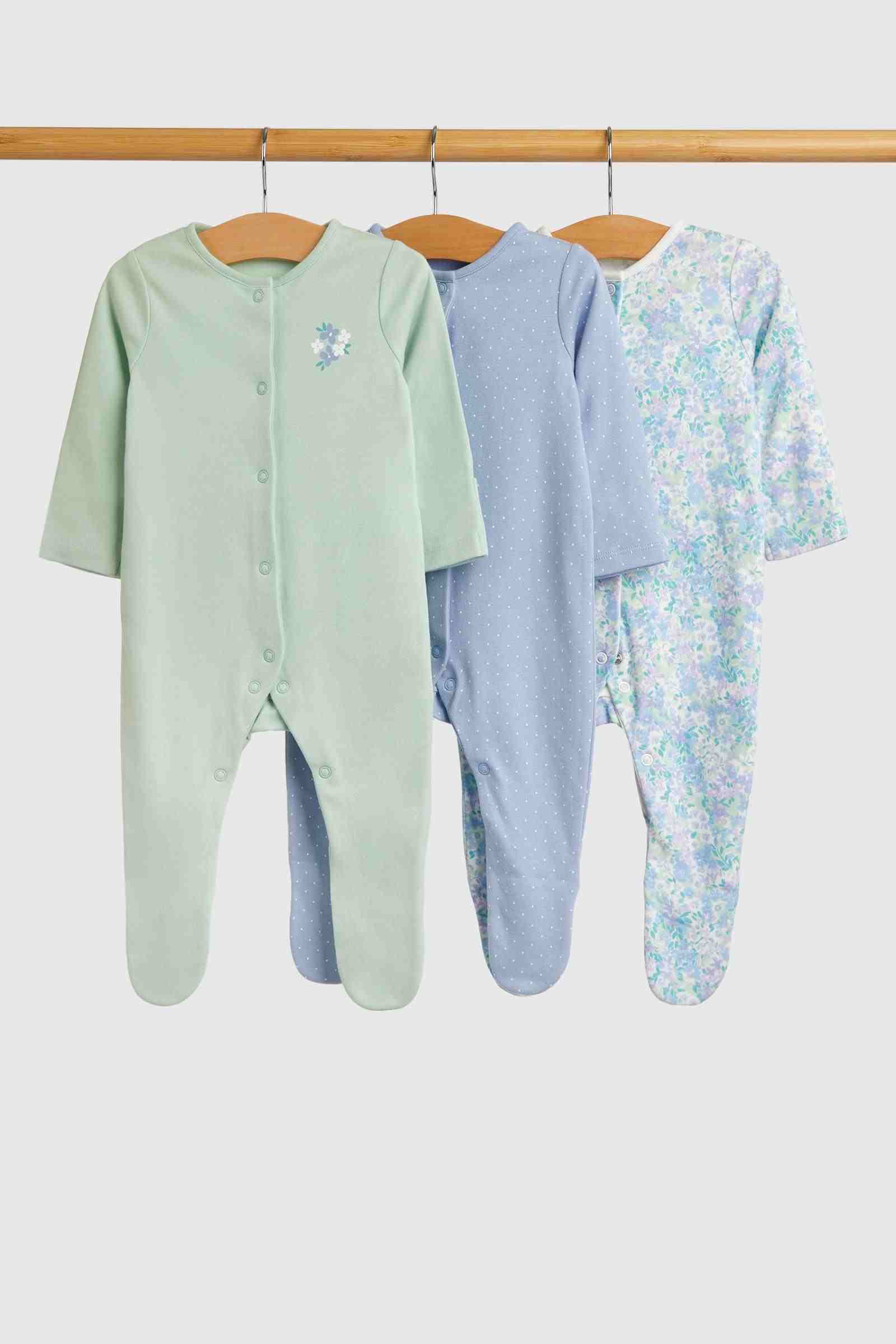 Mothercare Essentials Girls 100% Cotton Long Sleeves Sleepsuits - Pack of 3 - Floral - Blue