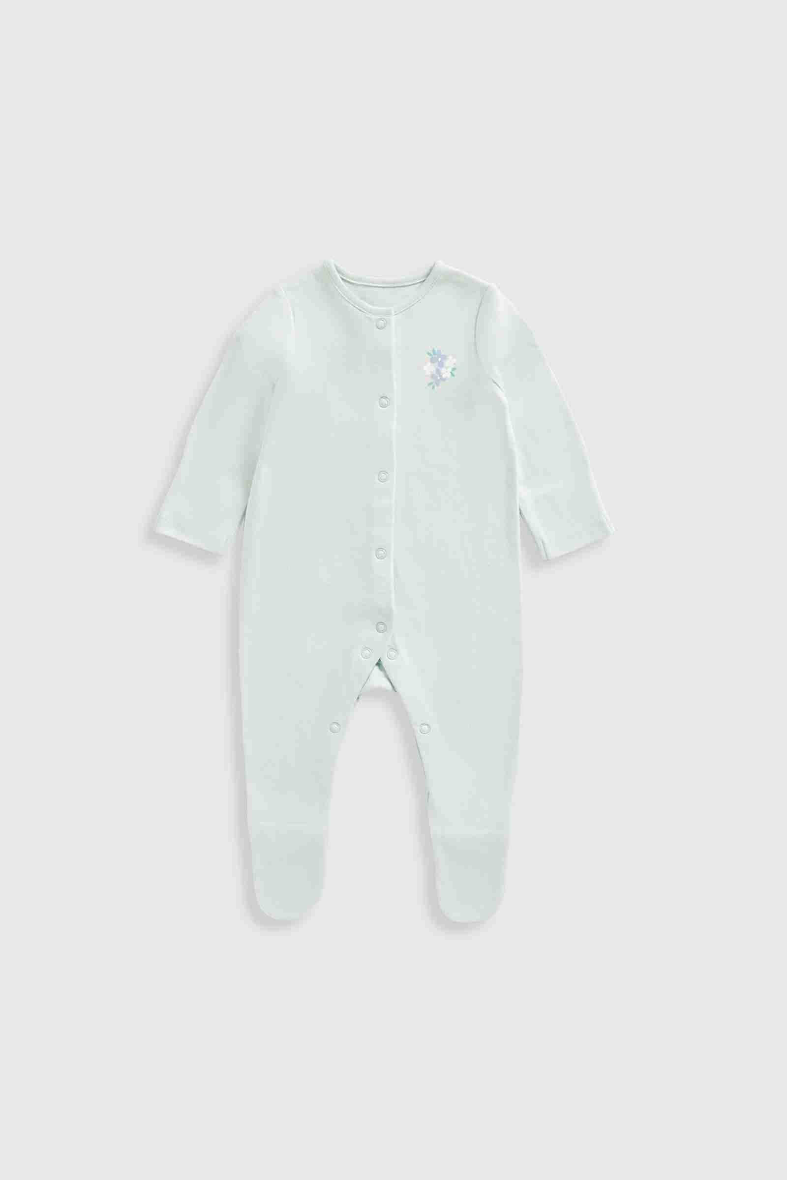 Mothercare Essentials Girls 100% Cotton Long Sleeves Sleepsuits - Pack of 3 - Floral - Blue
