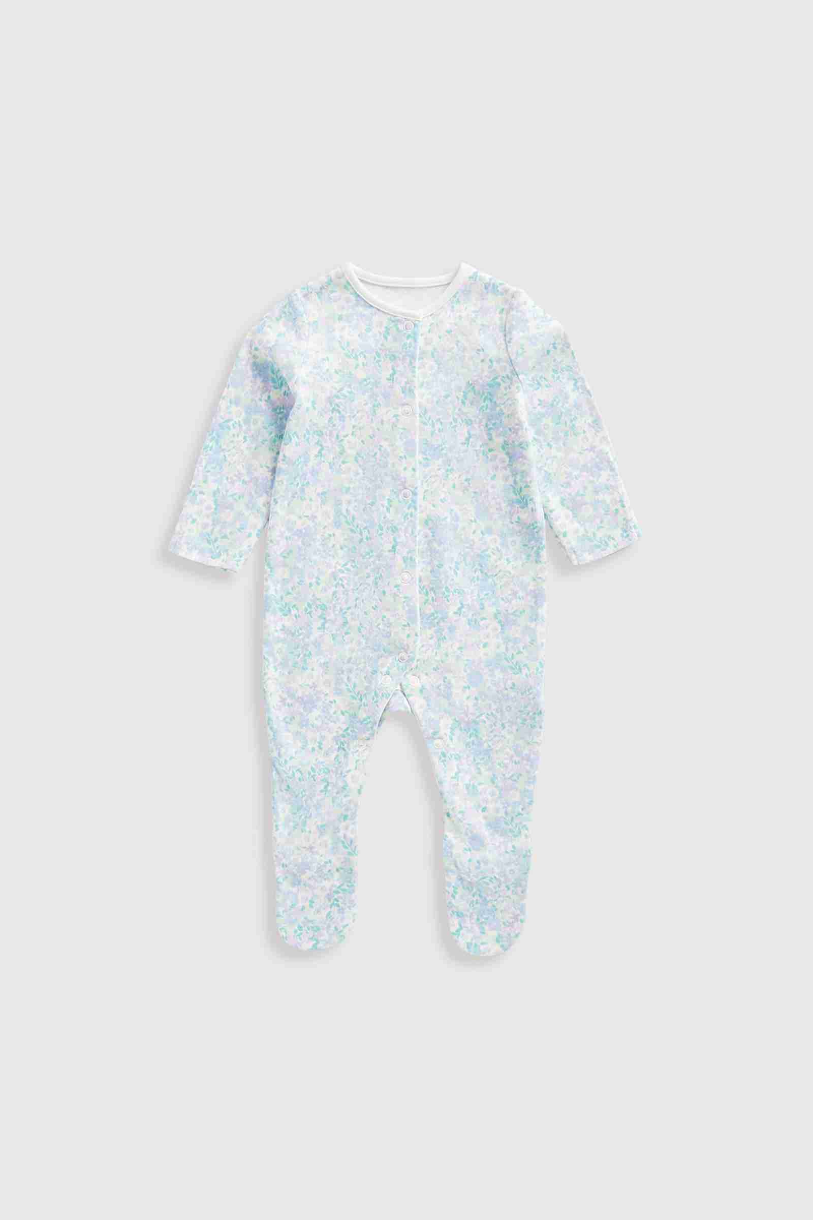 Mothercare Essentials Girls 100% Cotton Long Sleeves Sleepsuits - Pack of 3 - Floral - Blue