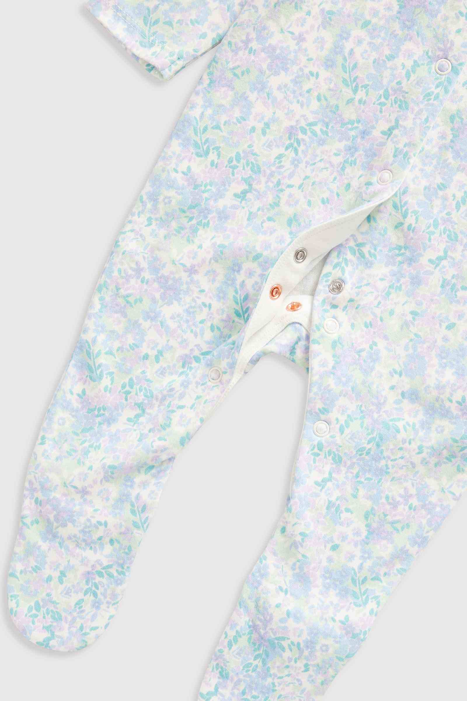 Mothercare Essentials Girls 100% Cotton Long Sleeves Sleepsuits - Pack of 3 - Floral - Blue