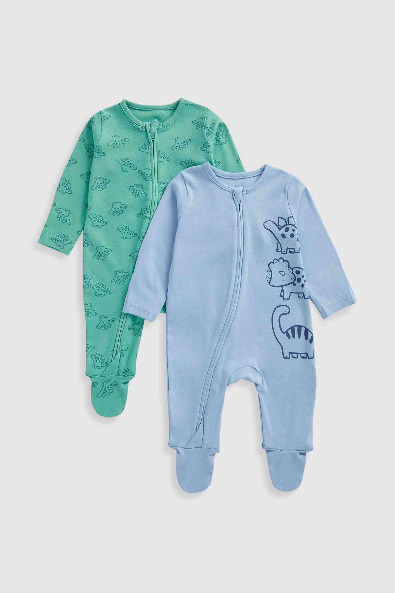 Mothercare Essentials Boys Dinosaur Zip - Up 100% Cotton Long Sleeves Sleepsuits - Pack of 2 - Blue