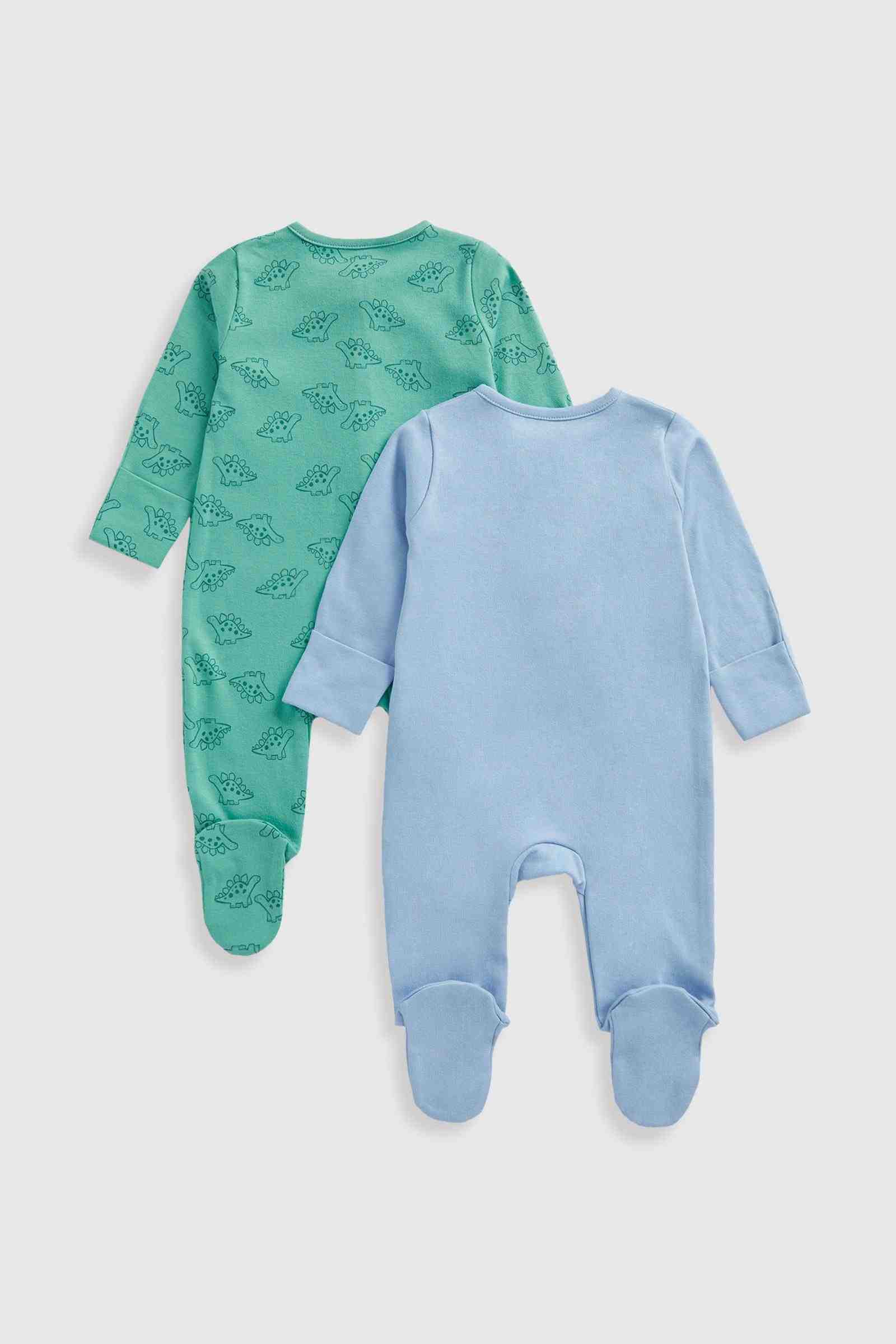 Mothercare Essentials Boys Dinosaur Zip - Up 100% Cotton Long Sleeves Sleepsuits - Pack of 2 - Blue