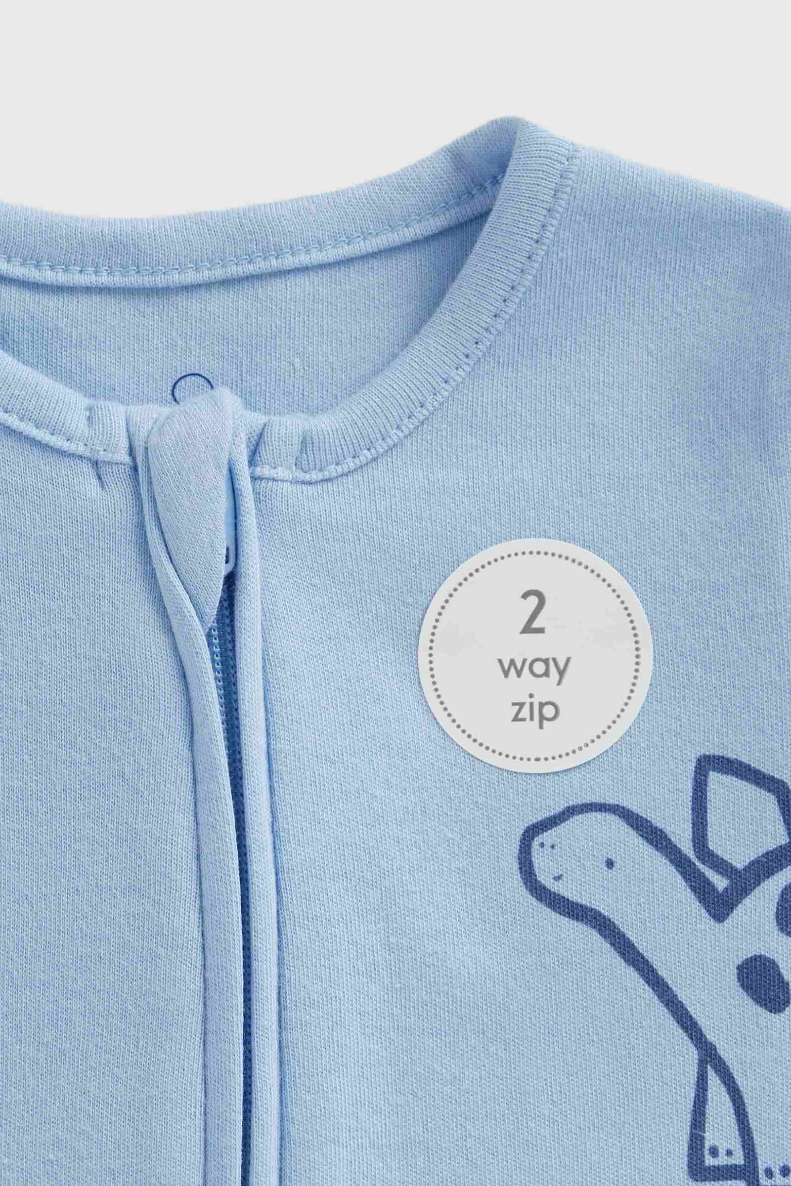 Mothercare Essentials Boys Dinosaur Zip - Up 100% Cotton Long Sleeves Sleepsuits - Pack of 2 - Blue