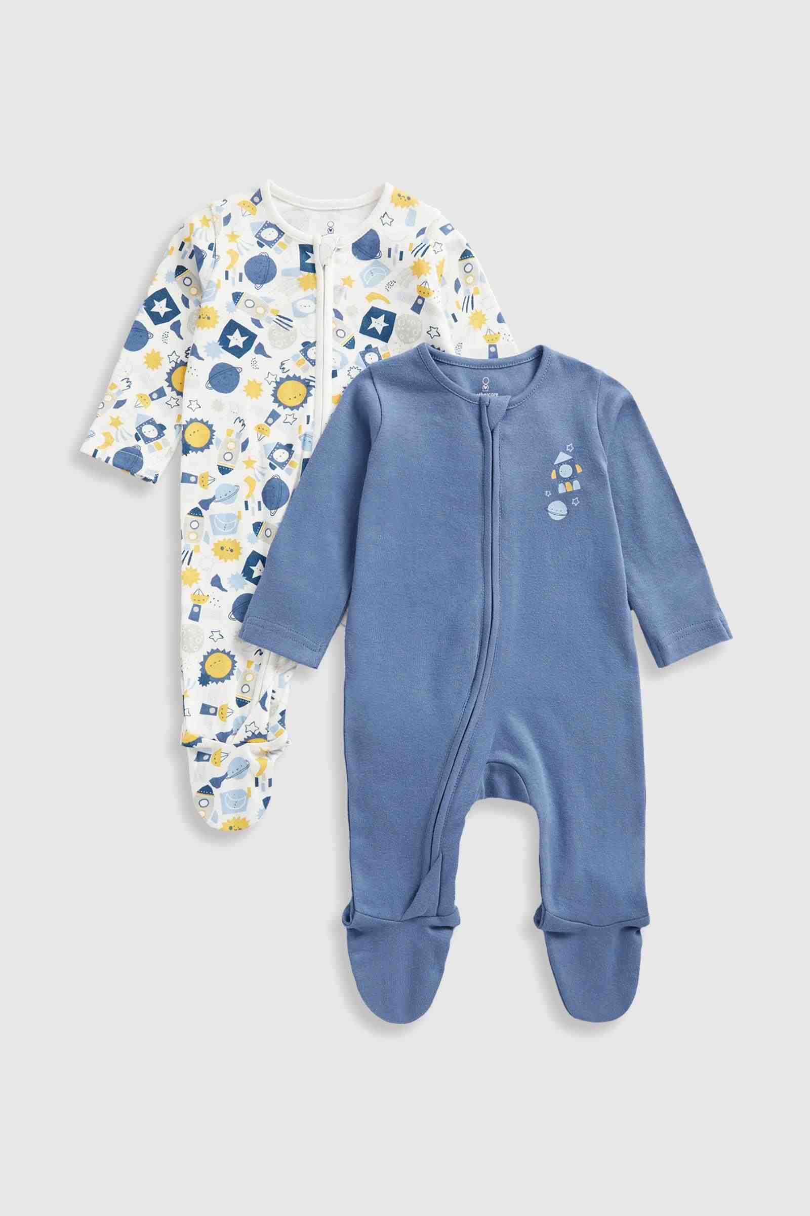 Mothercare Essentials Boys Space Zip - Up 100% Cotton Long Sleeves Sleepsuits - Pack of 2 - Blue