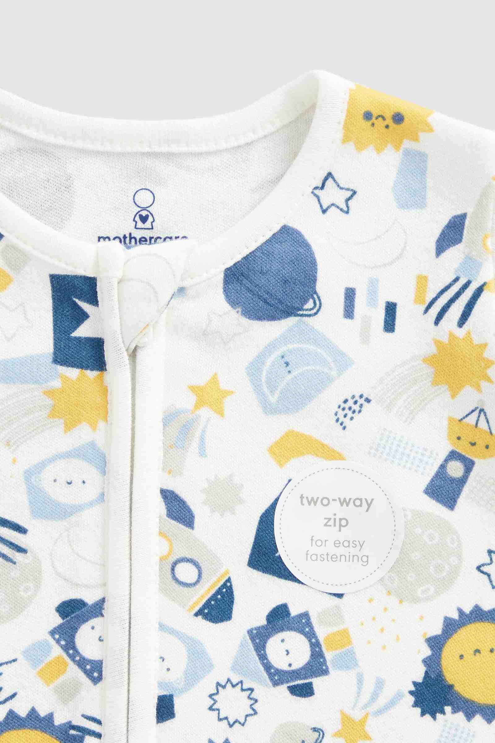 Mothercare Essentials Boys Space Zip - Up 100% Cotton Long Sleeves Sleepsuits - Pack of 2 - Blue